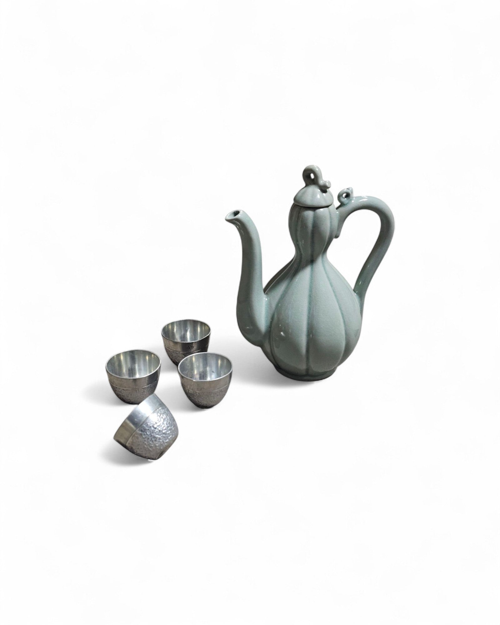 Celadon-Glazed Teapot with Four Pewter SIiver Tea Set