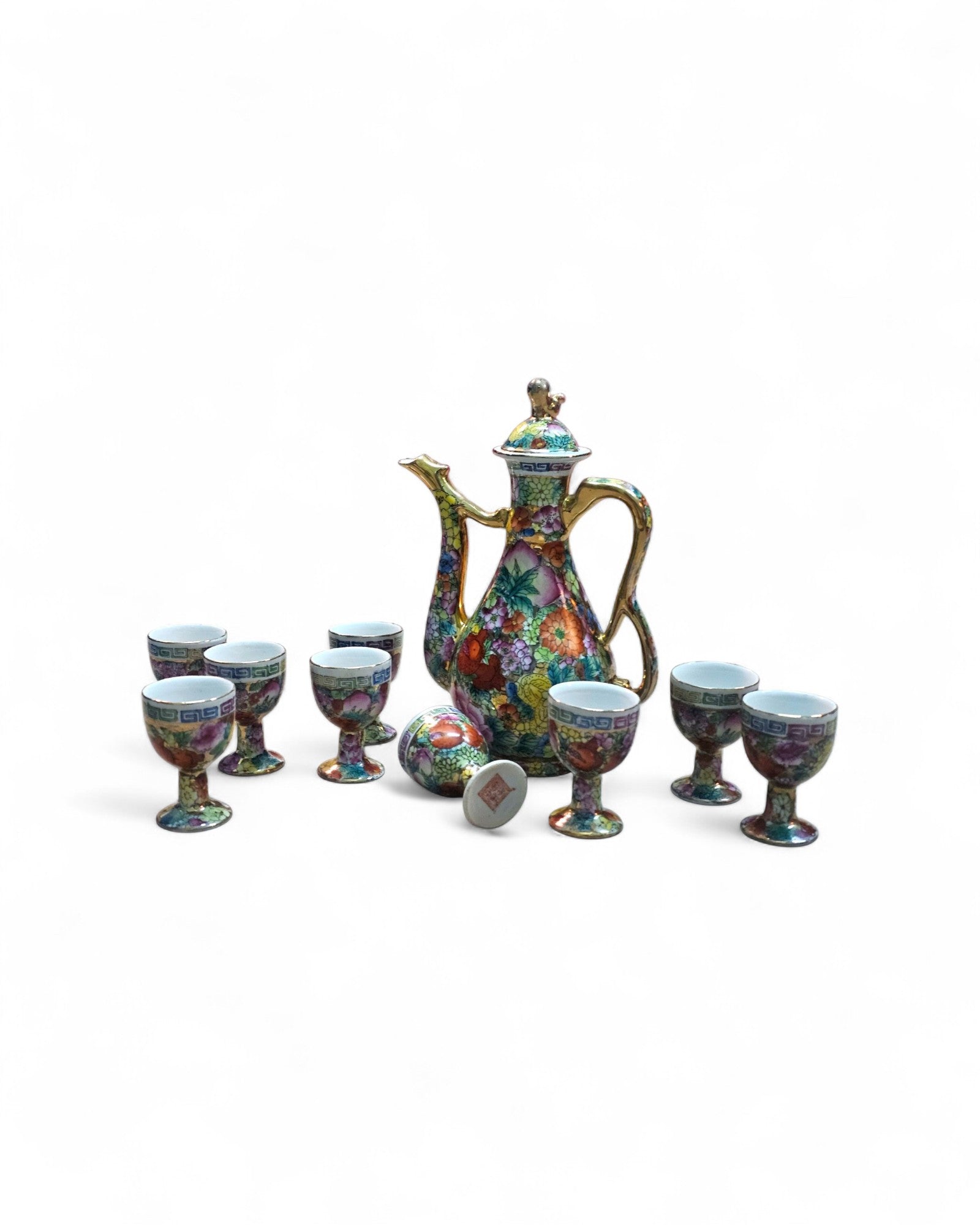 Chinese Famille Rose Porcelain Ewer with Eight Stemmed Cups