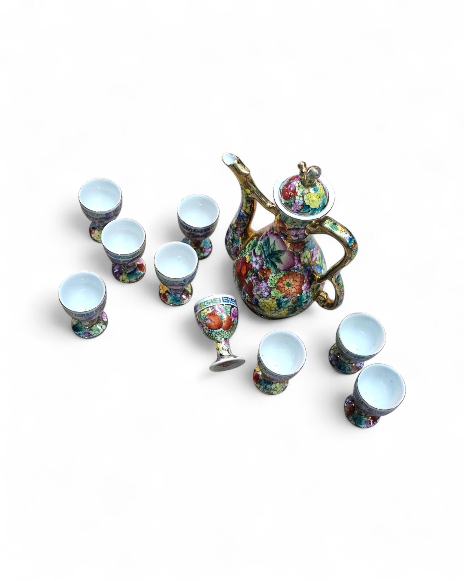 Chinese Famille Rose Porcelain Ewer with Eight Stemmed Cups