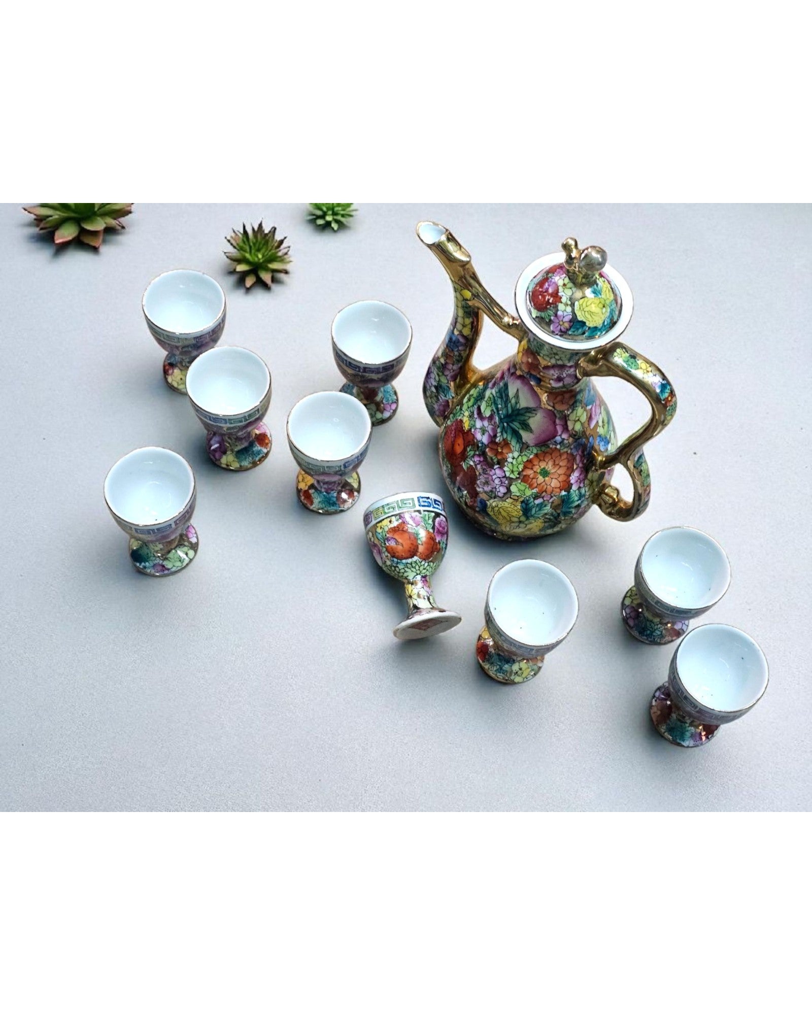 Chinese Famille Rose Porcelain Ewer with Eight Stemmed Cups