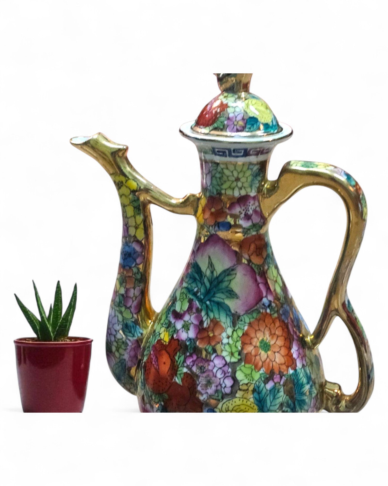 Chinese Famille Rose Porcelain Ewer with Eight Stemmed Cups