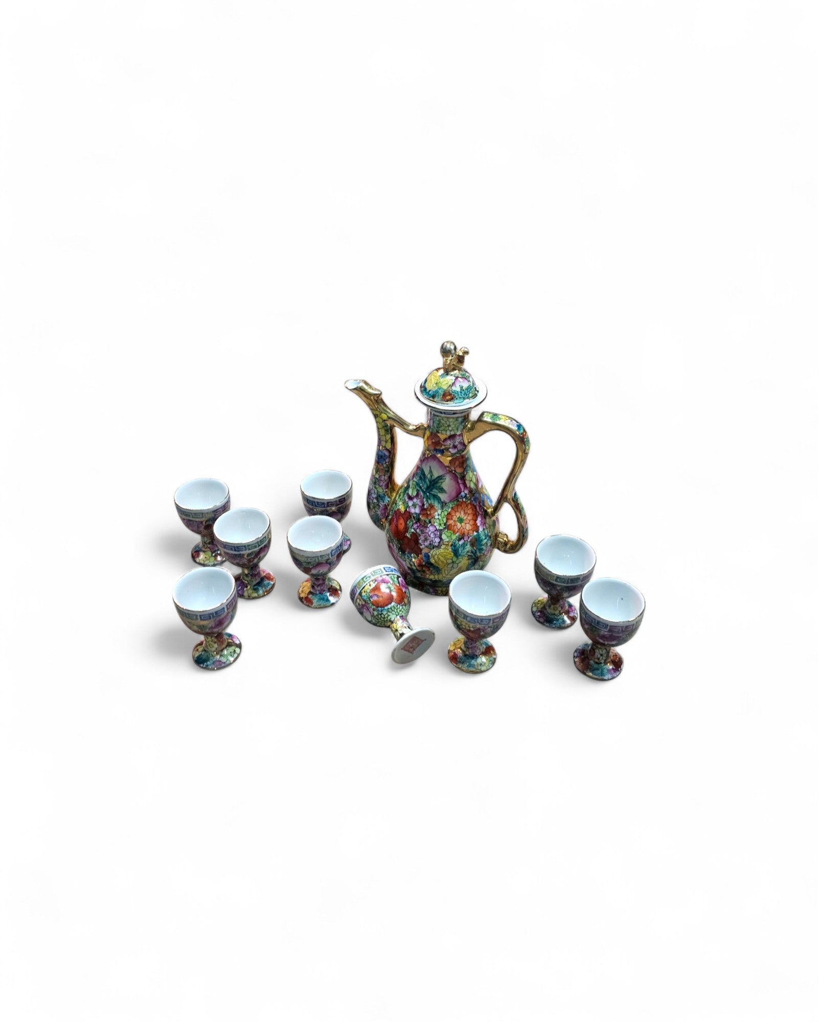 Chinese Famille Rose Porcelain Ewer with Eight Stemmed Cups