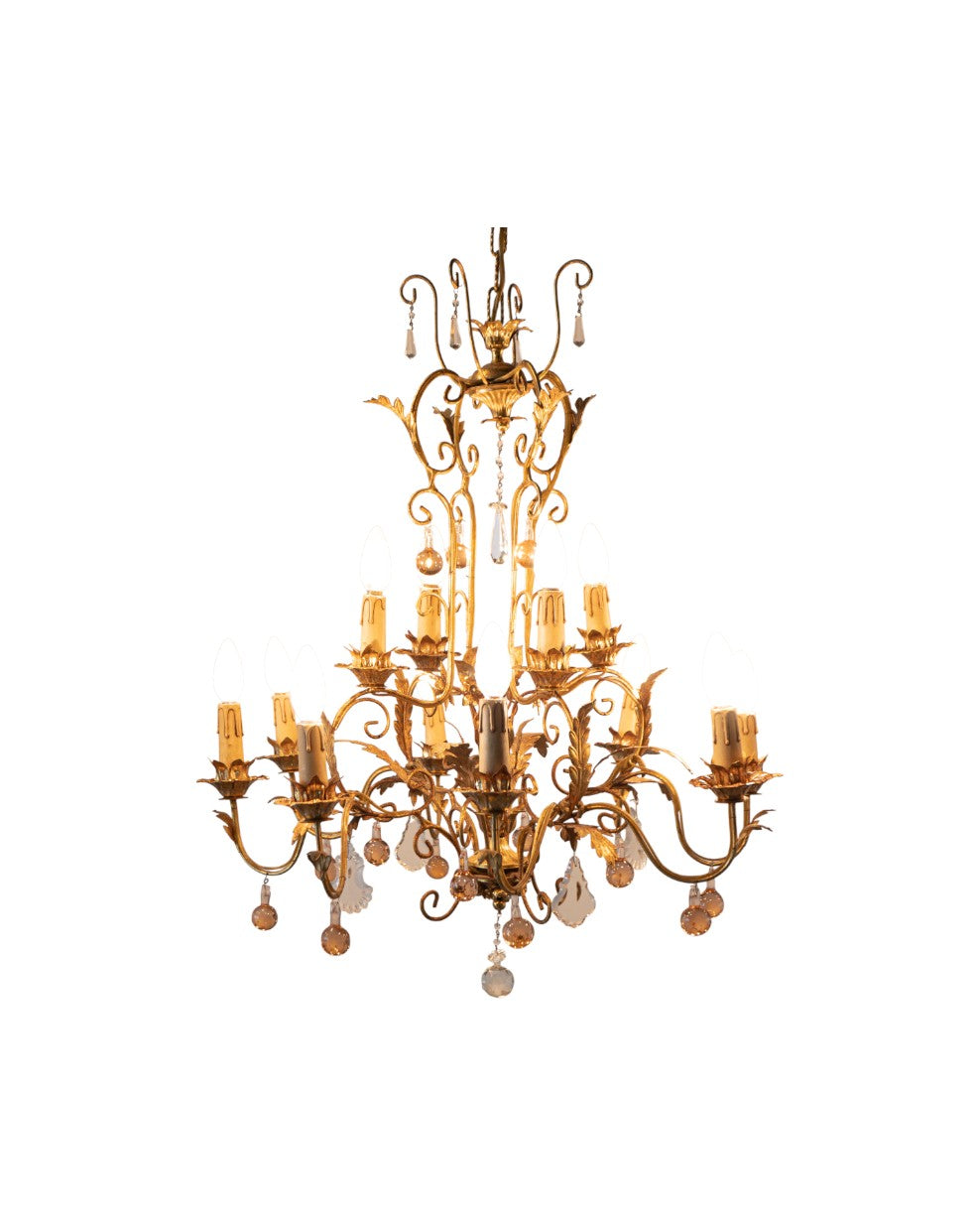 Italian Toleware Golden Chandelier with Murano Glass Droplets
