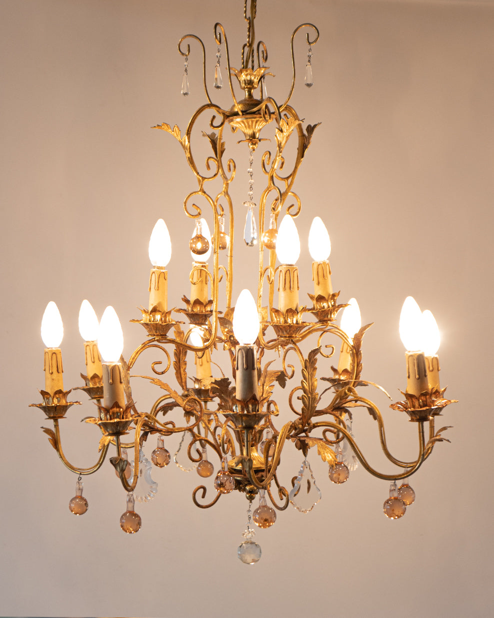 Italian Toleware Golden Chandelier with Murano Glass Droplets