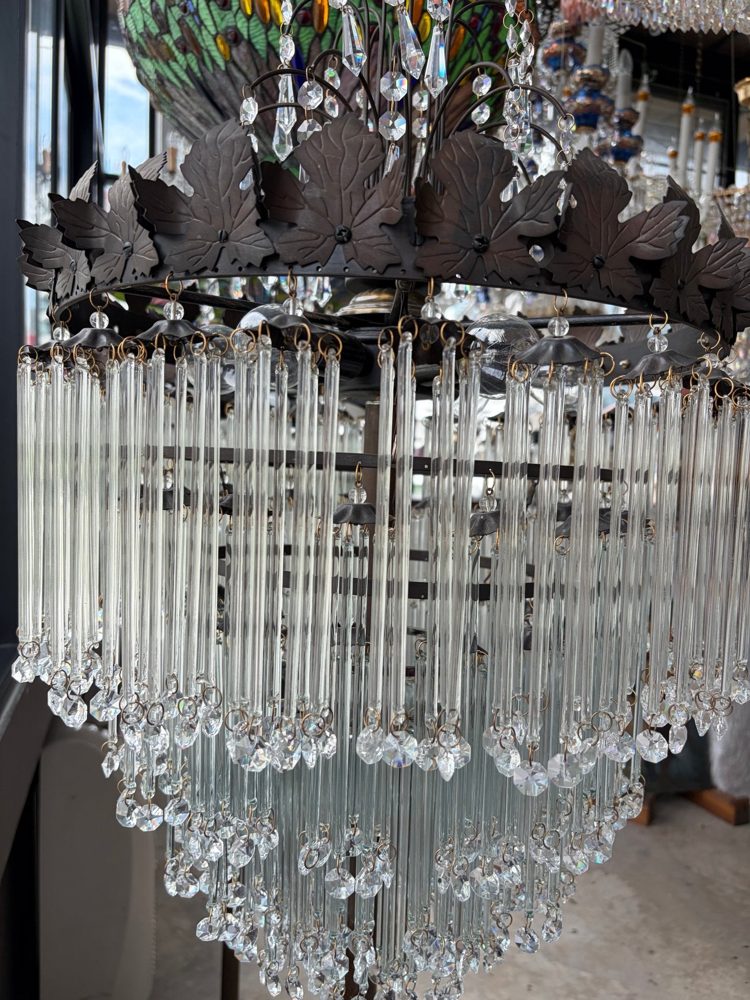 Multi-Tiered Crystal Waterfall Floor Lamp with Decorative Faux Foliage Base - Surround Living - 14