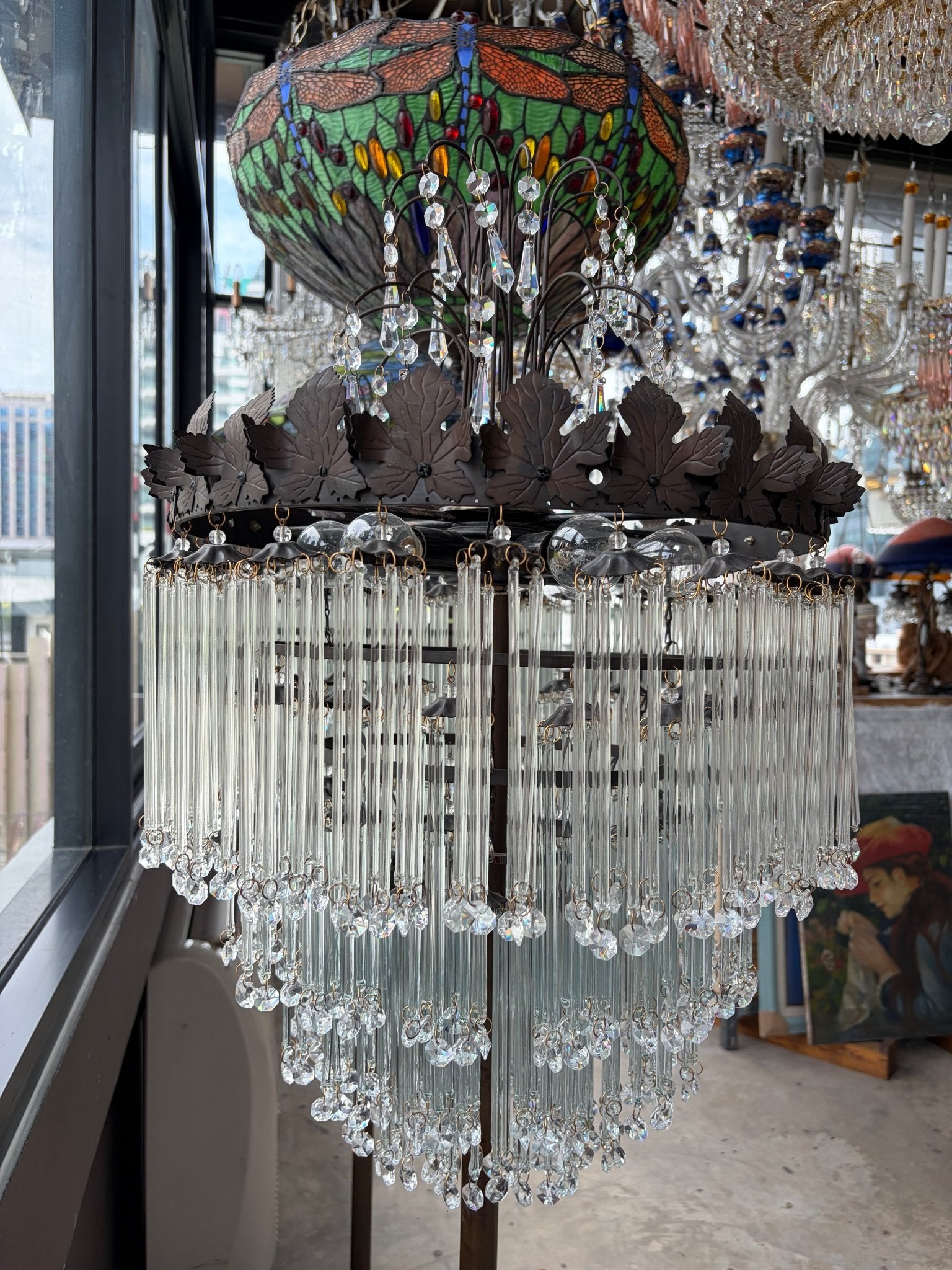 Multi-Tiered Crystal Waterfall Floor Lamp with Decorative Faux Foliage Base - Surround Living - 15