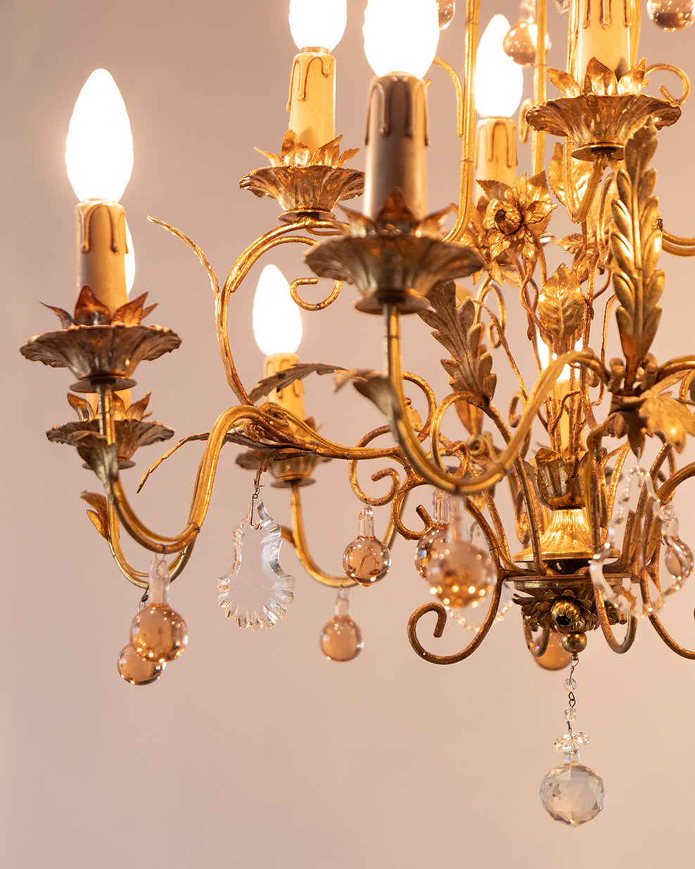 Italian Toleware Golden Chandelier with Murano Glass Droplets