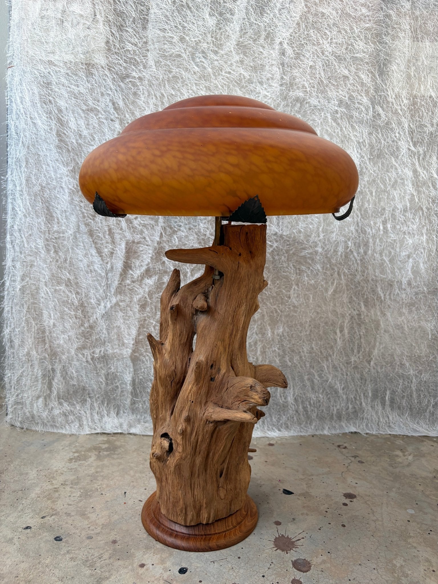 Organic Wood Table Lamp with Mushroom-Shaped Orange Art Glass Shade - Surround Living - 13
