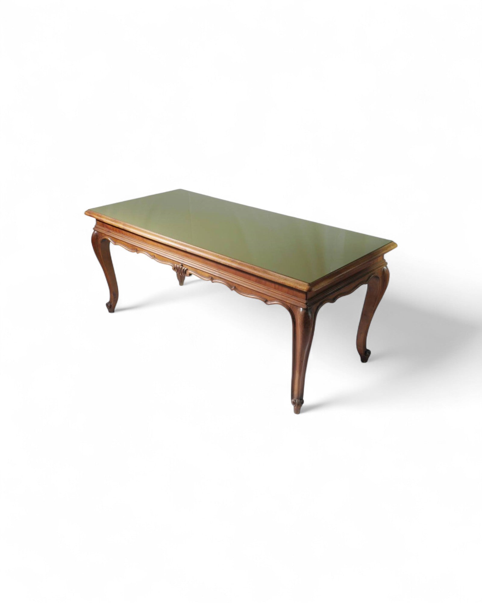Italian Solid Walnut Louis XV Dining Table with Green Glass Top
