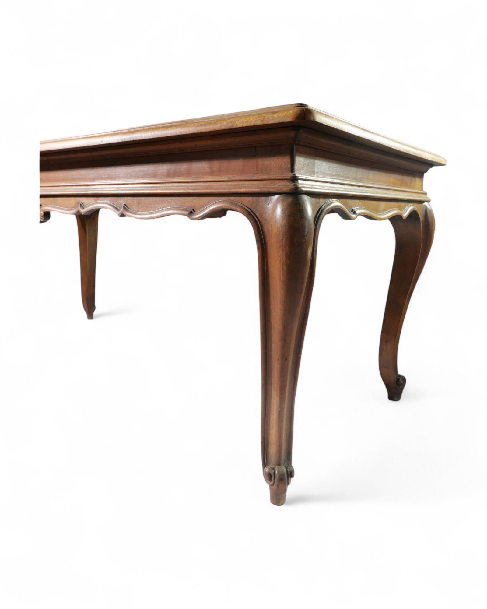 Italian Solid Walnut Louis XV Dining Table with Green Glass Top