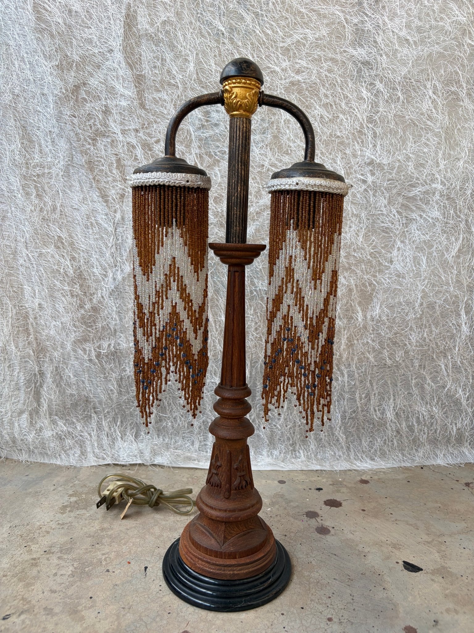 A Vintage Table Lamp With Two-Metal-Arm Beaded Fringe Shades and a Wooden Body - Surround Living - 16
