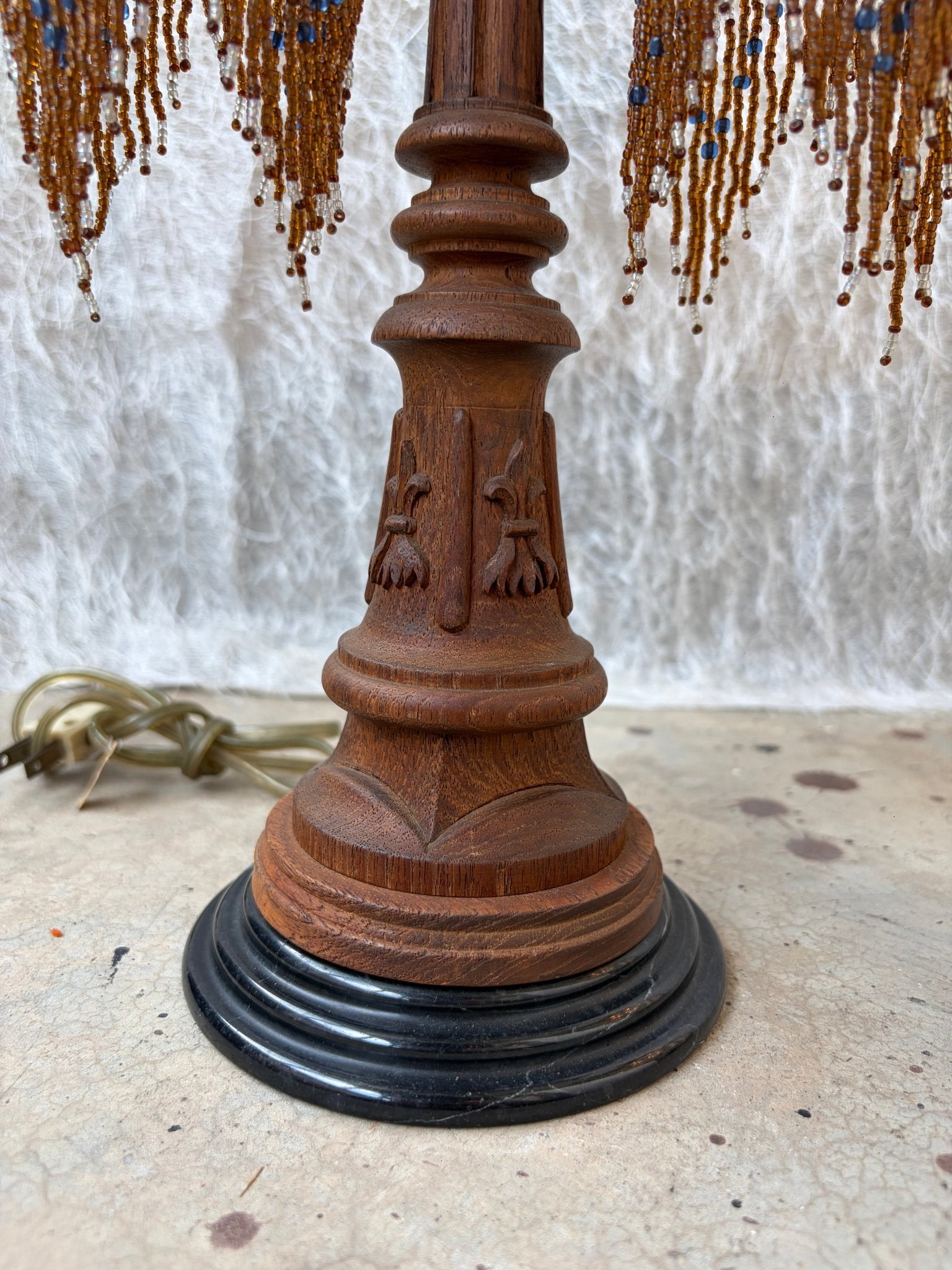 A Vintage Table Lamp With Two-Metal-Arm Beaded Fringe Shades and a Wooden Body - Surround Living - 17