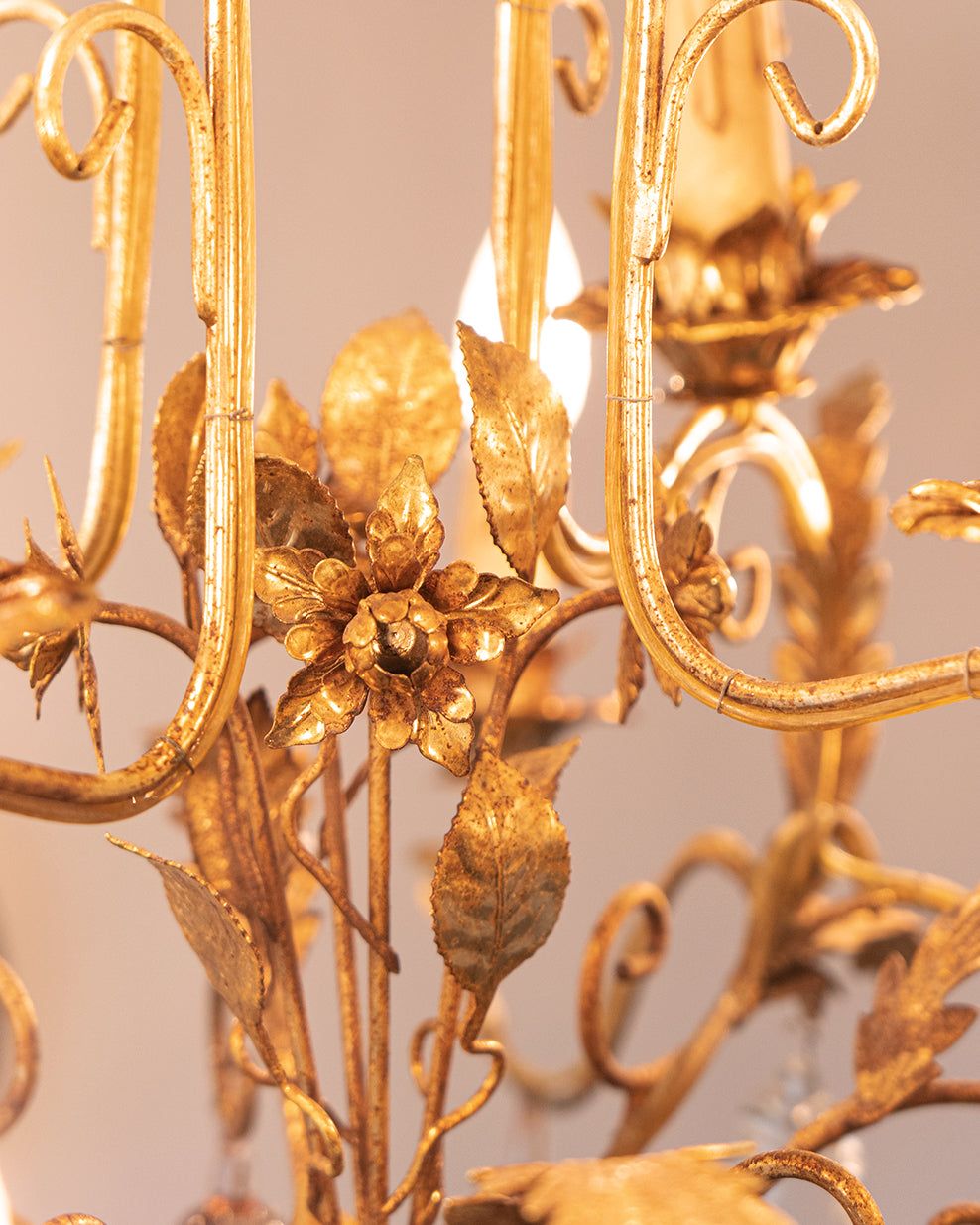 Italian Toleware Golden Chandelier with Murano Glass Droplets