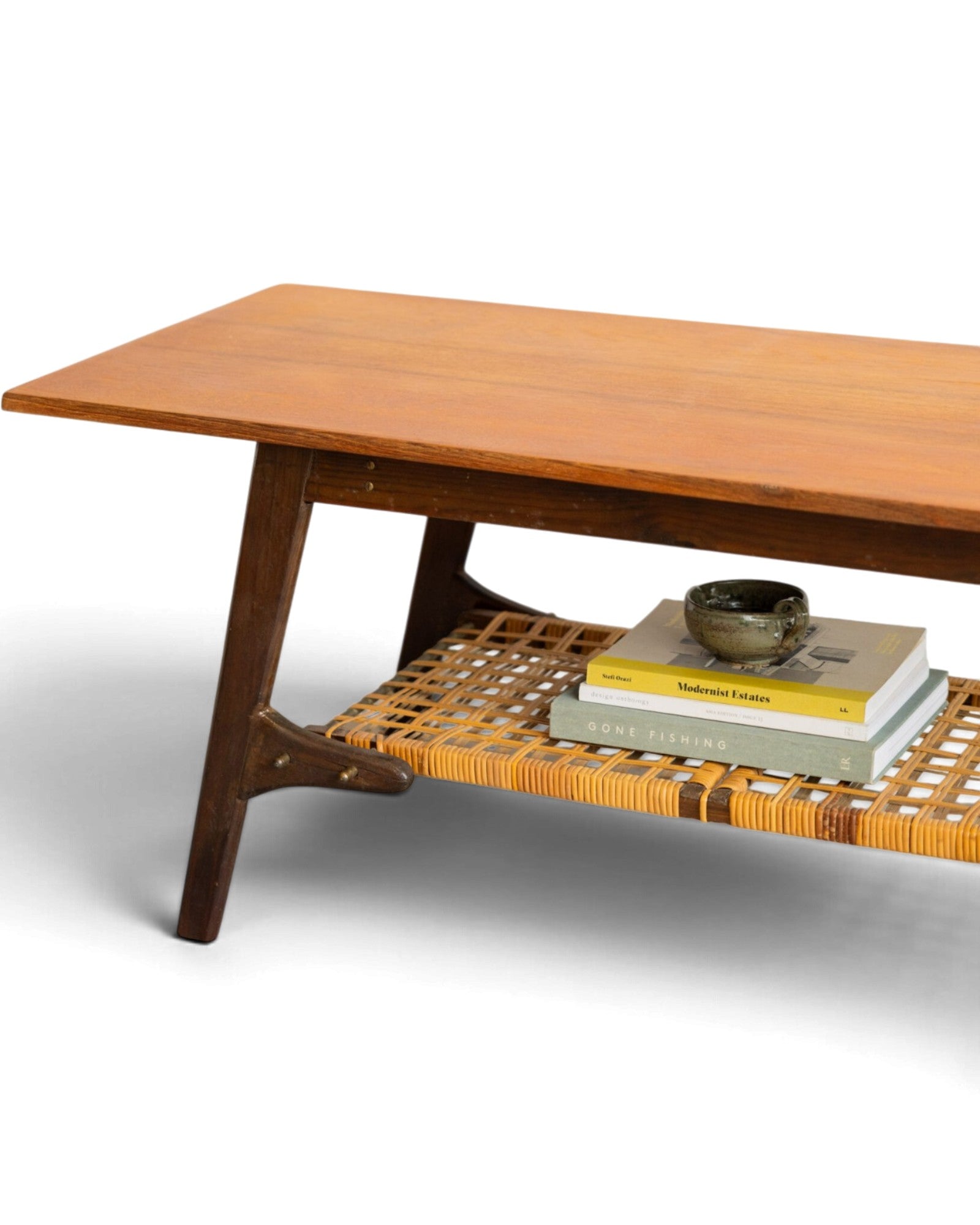 Teak Coffee Table with Cane Shelf