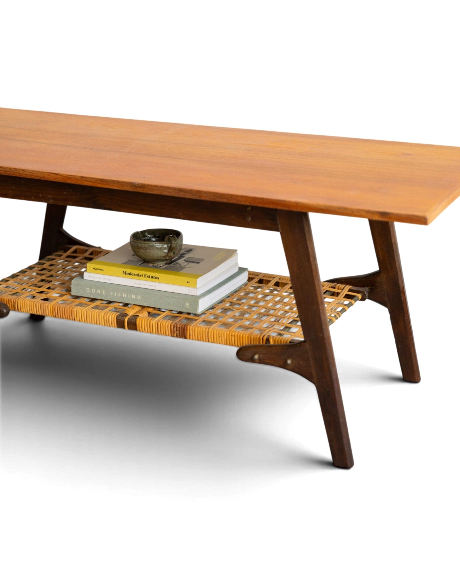 Teak Coffee Table with Cane Shelf