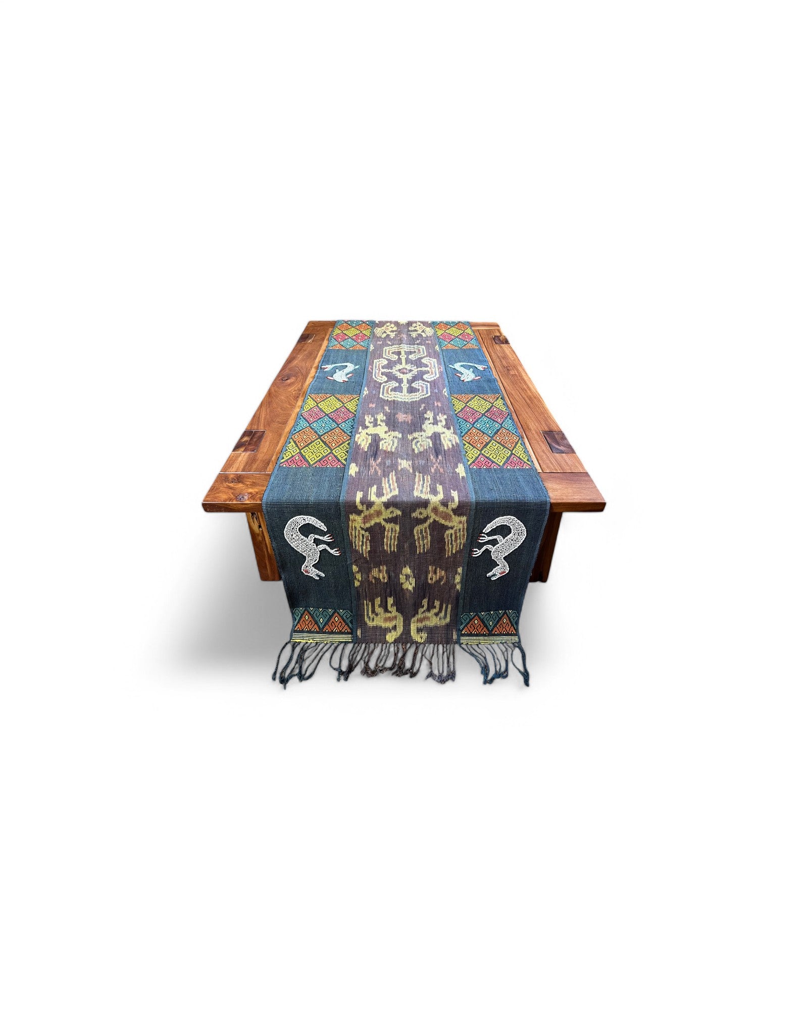 Decorative Table Runner / Wall Tapestry, Ikat, Borracay weave, Hand embroidered beads and shells Dinosoar