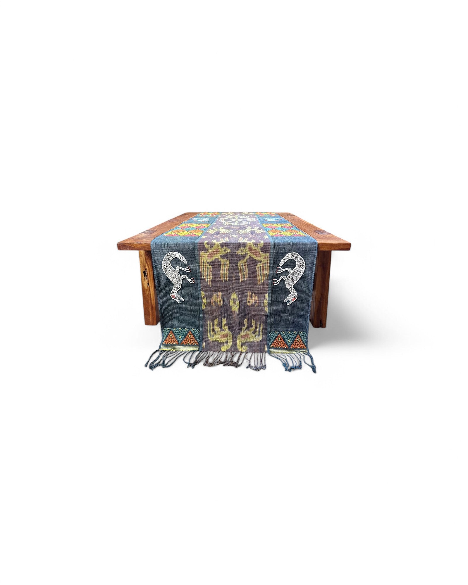 Decorative Table Runner / Wall Tapestry, Ikat, Borracay weave, Hand embroidered beads and shells Dinosoar