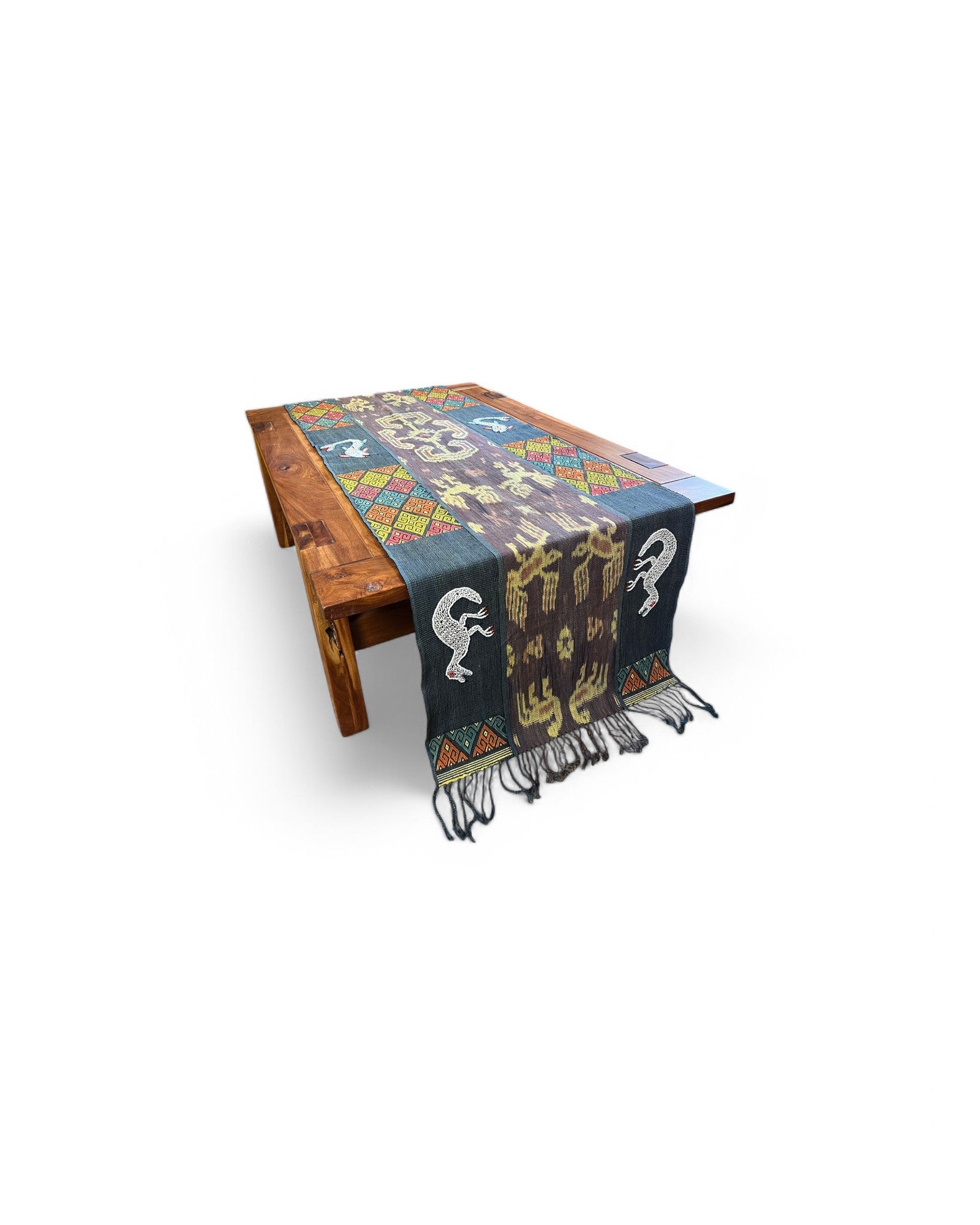 Decorative Table Runner / Wall Tapestry, Ikat, Borracay weave, Hand embroidered beads and shells Dinosoar