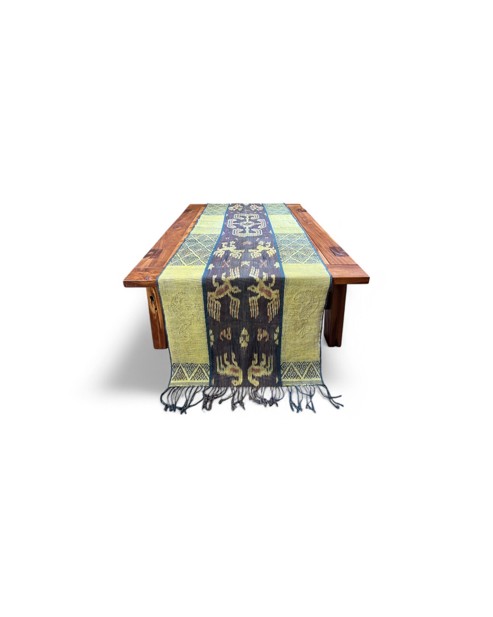 Decorative Table Runner / Wall Tapestry, Ikat, Borracay weave, Hand embroidered beads and shells Dinosoar