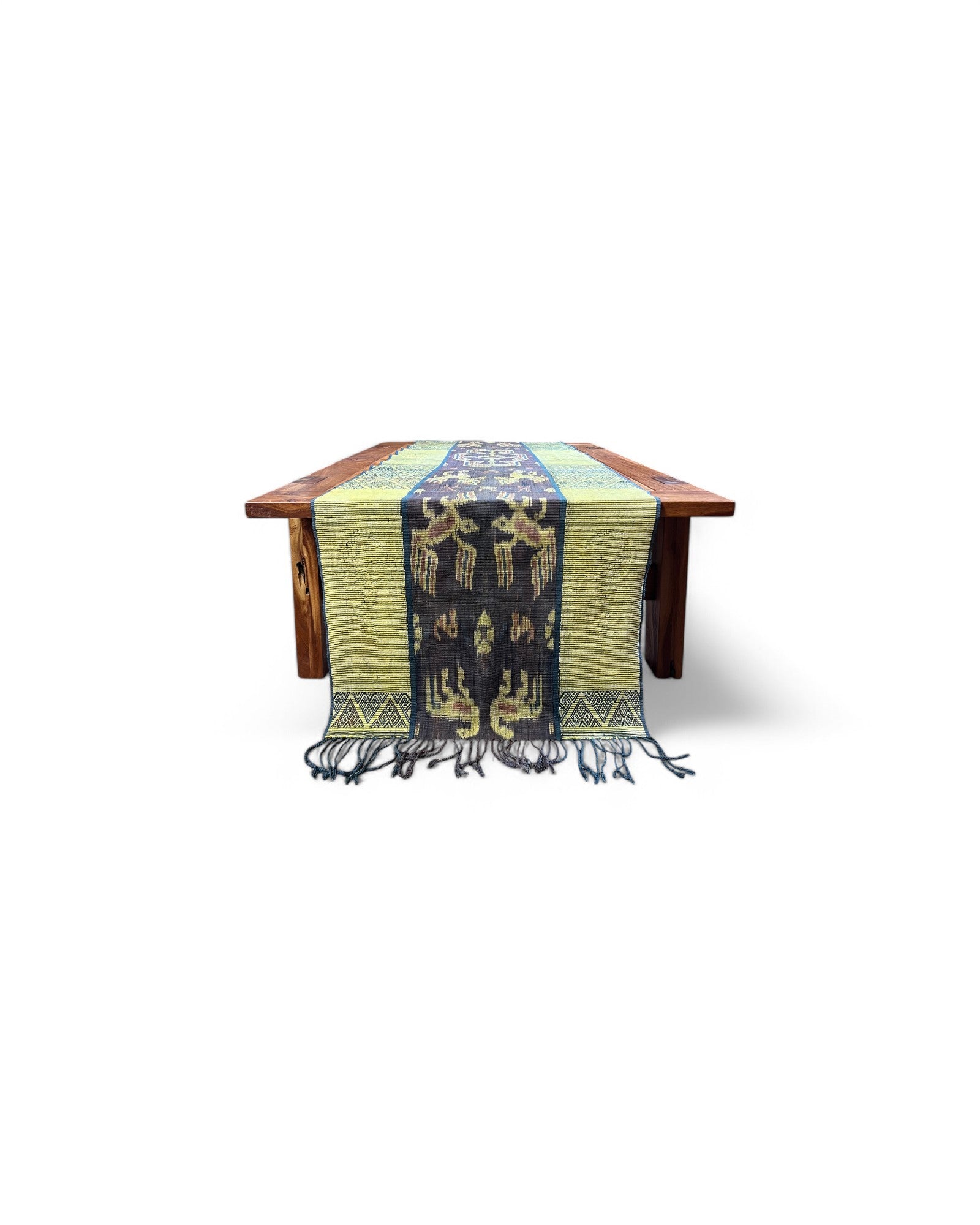 Decorative Table Runner / Wall Tapestry, Ikat, Borracay weave, Hand embroidered beads and shells Dinosoar