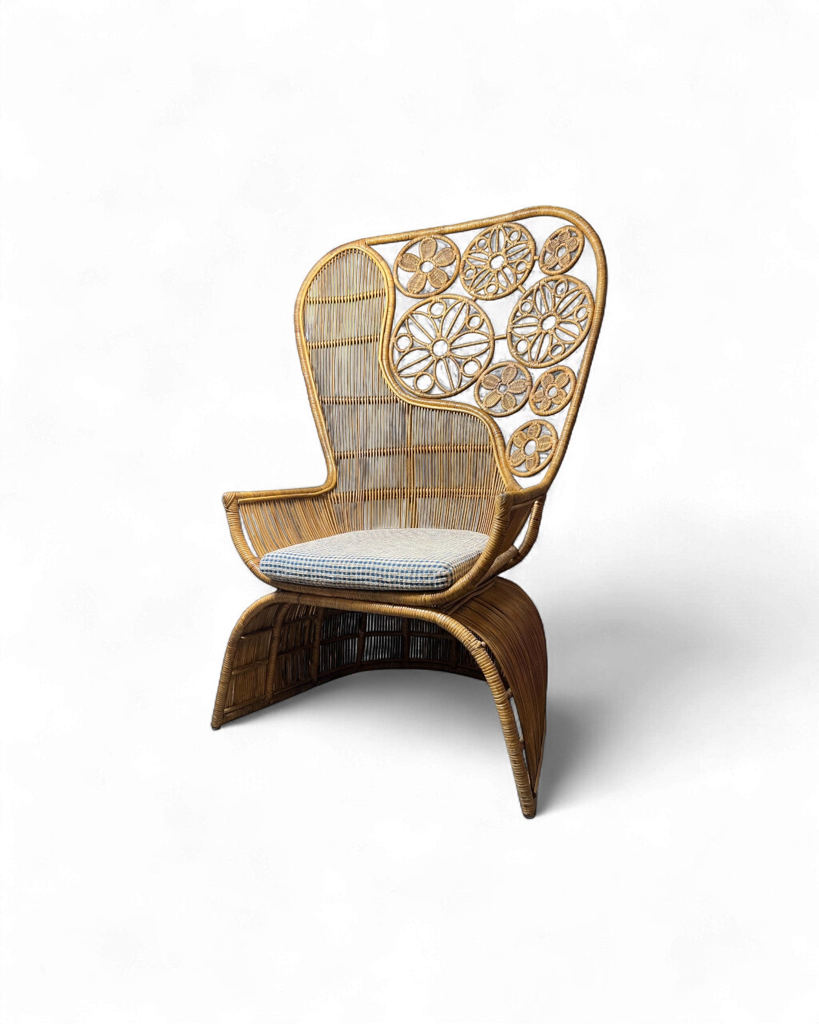 Rattan Vintage High Back Floral Weaved Lounge Chair with Check Weave Cushion Surround Living