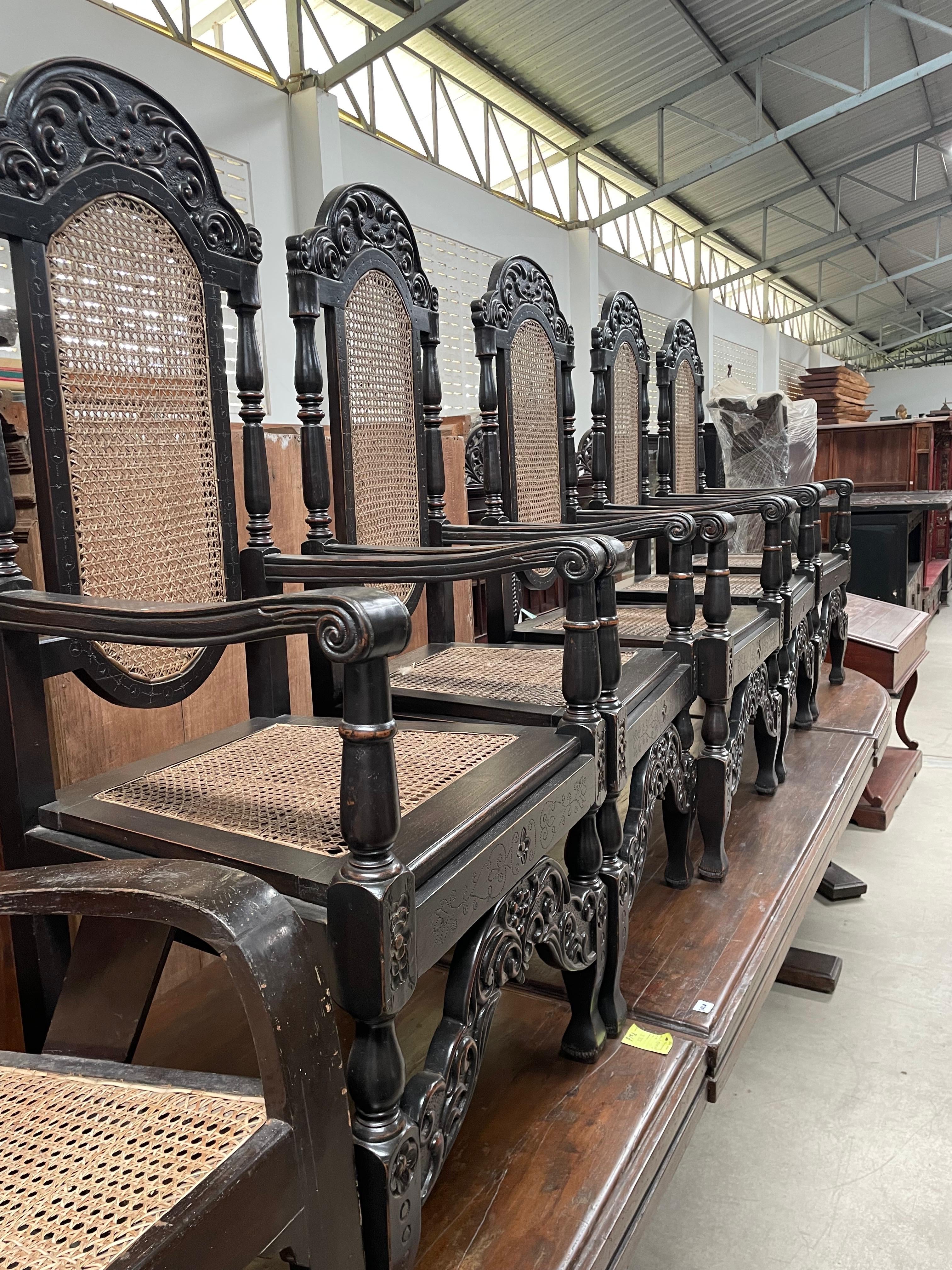 Grand Renaissance Hand Carved Oak & Caned Armchairs - Set of 6