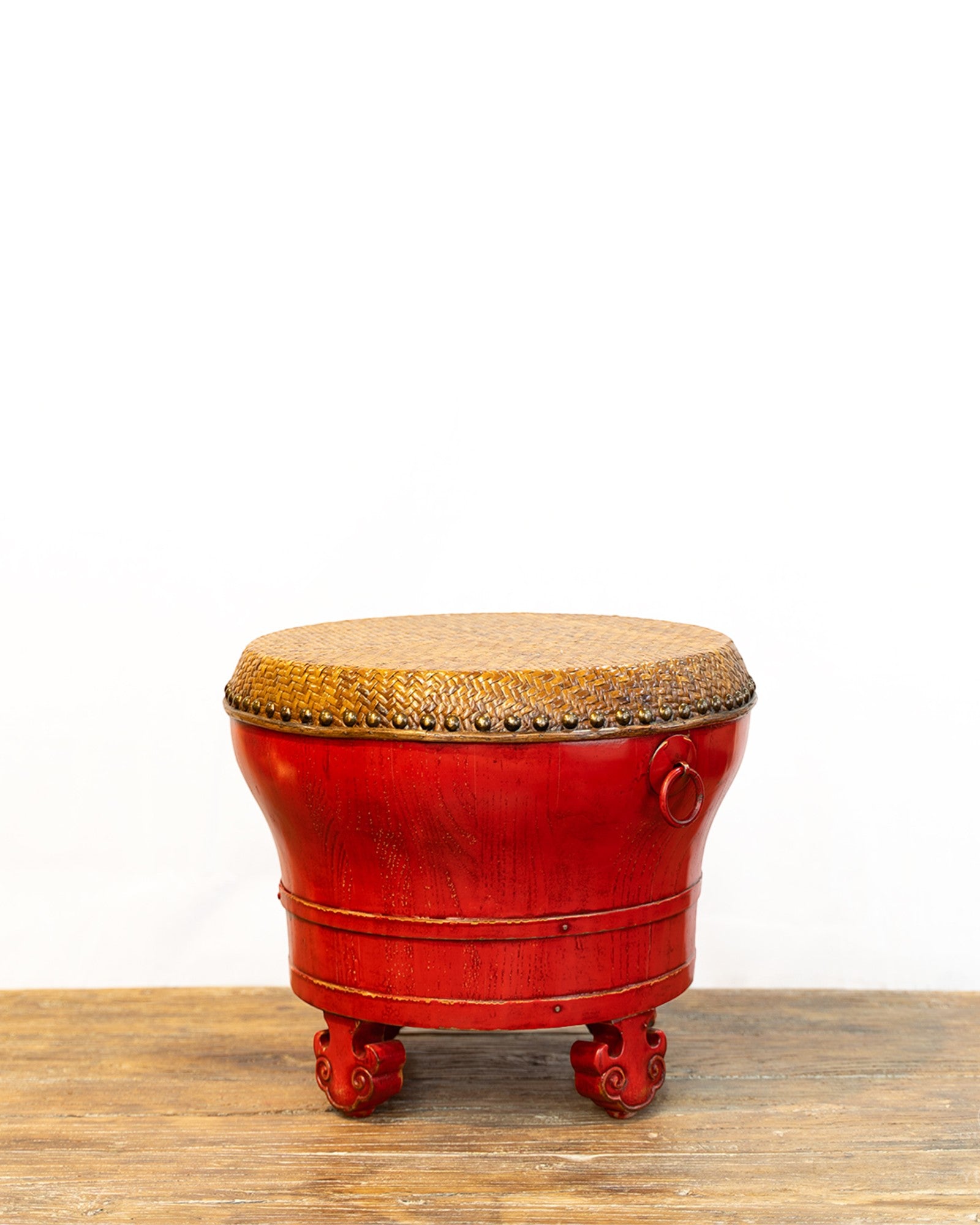 Round Lacquered Stool with Rattan Top