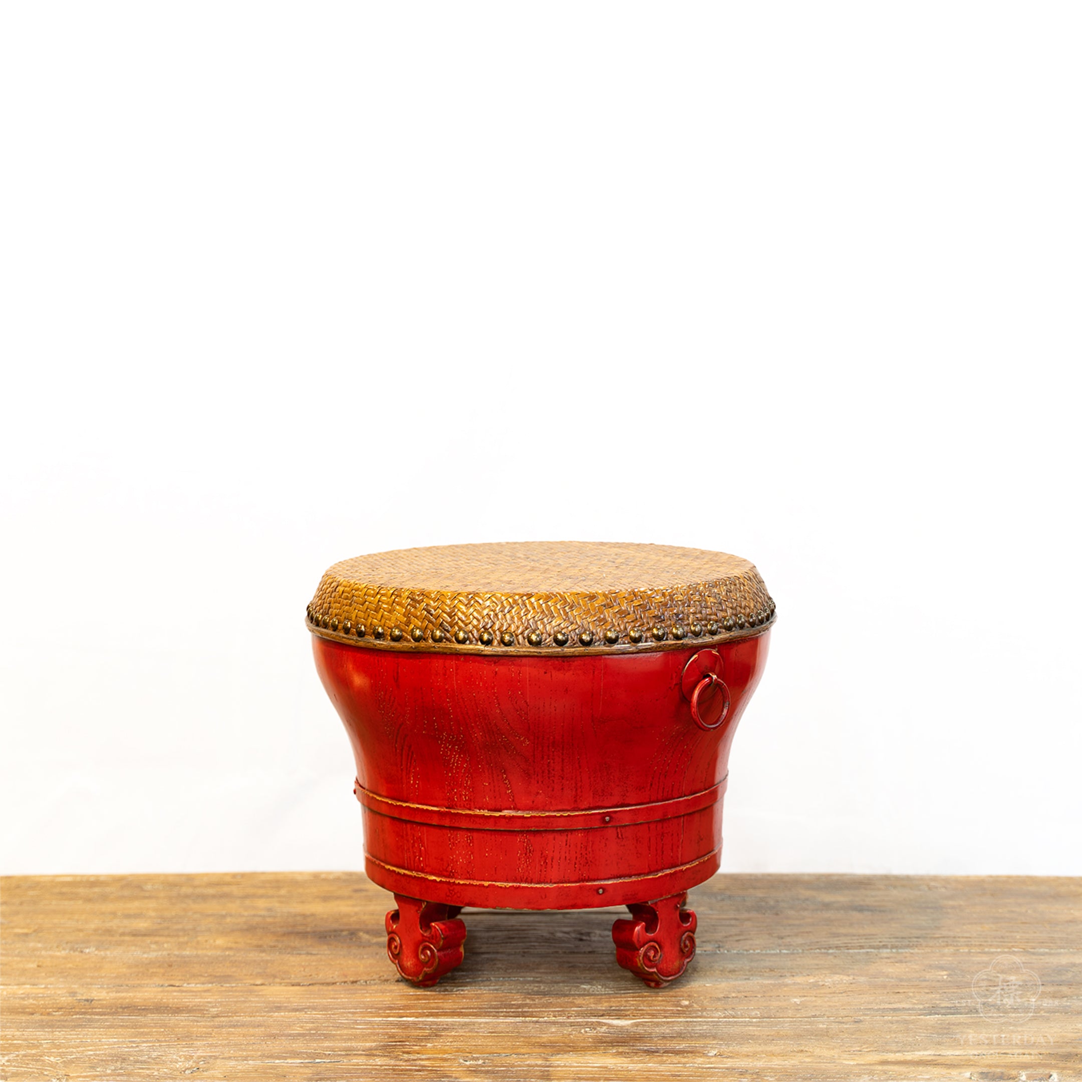 Round Lacquered Stool with Rattan Top