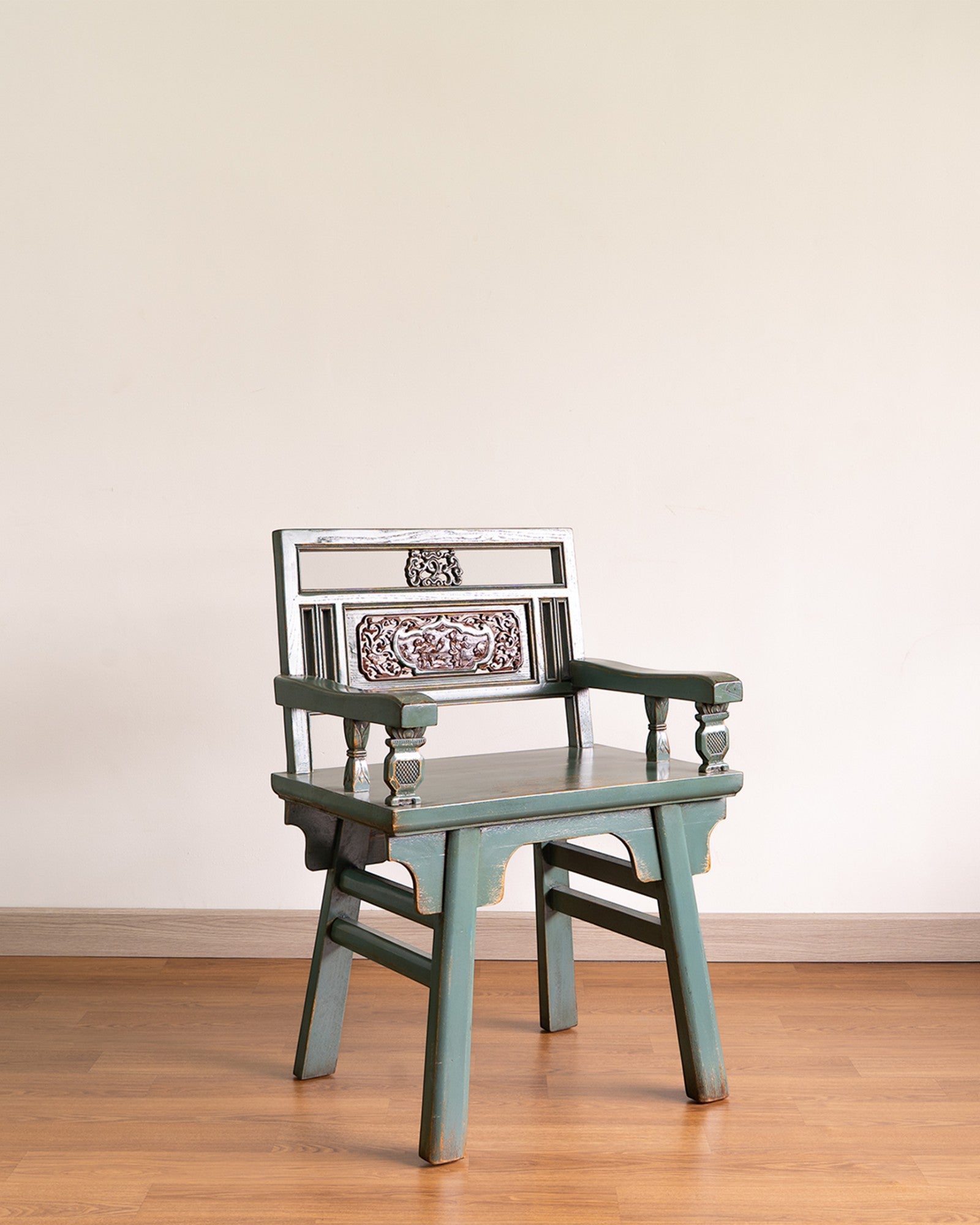 One Seated Hand-Painted Elm Bench with Antique Carved Window Back