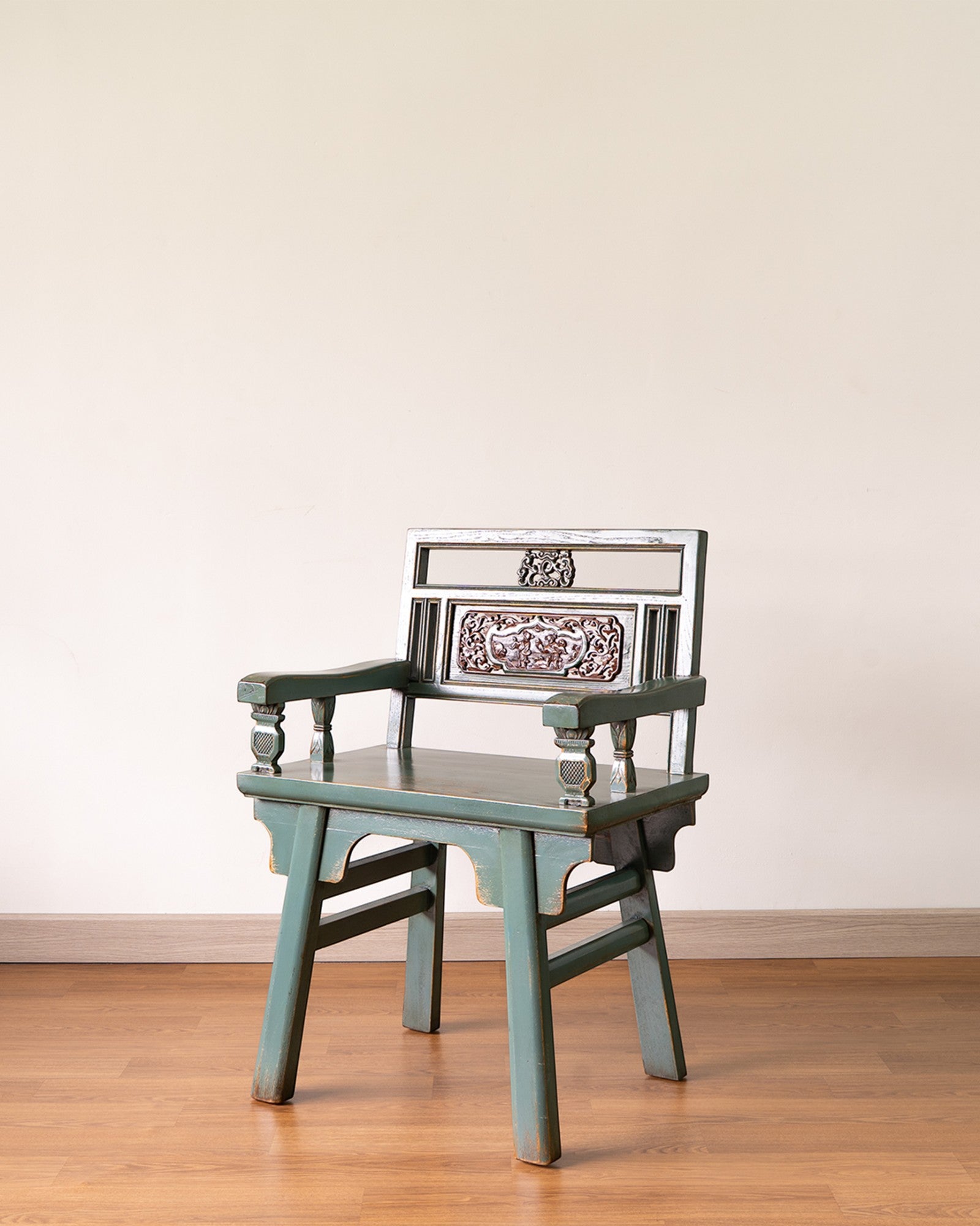 One Seated Hand-Painted Elm Bench with Antique Carved Window Back