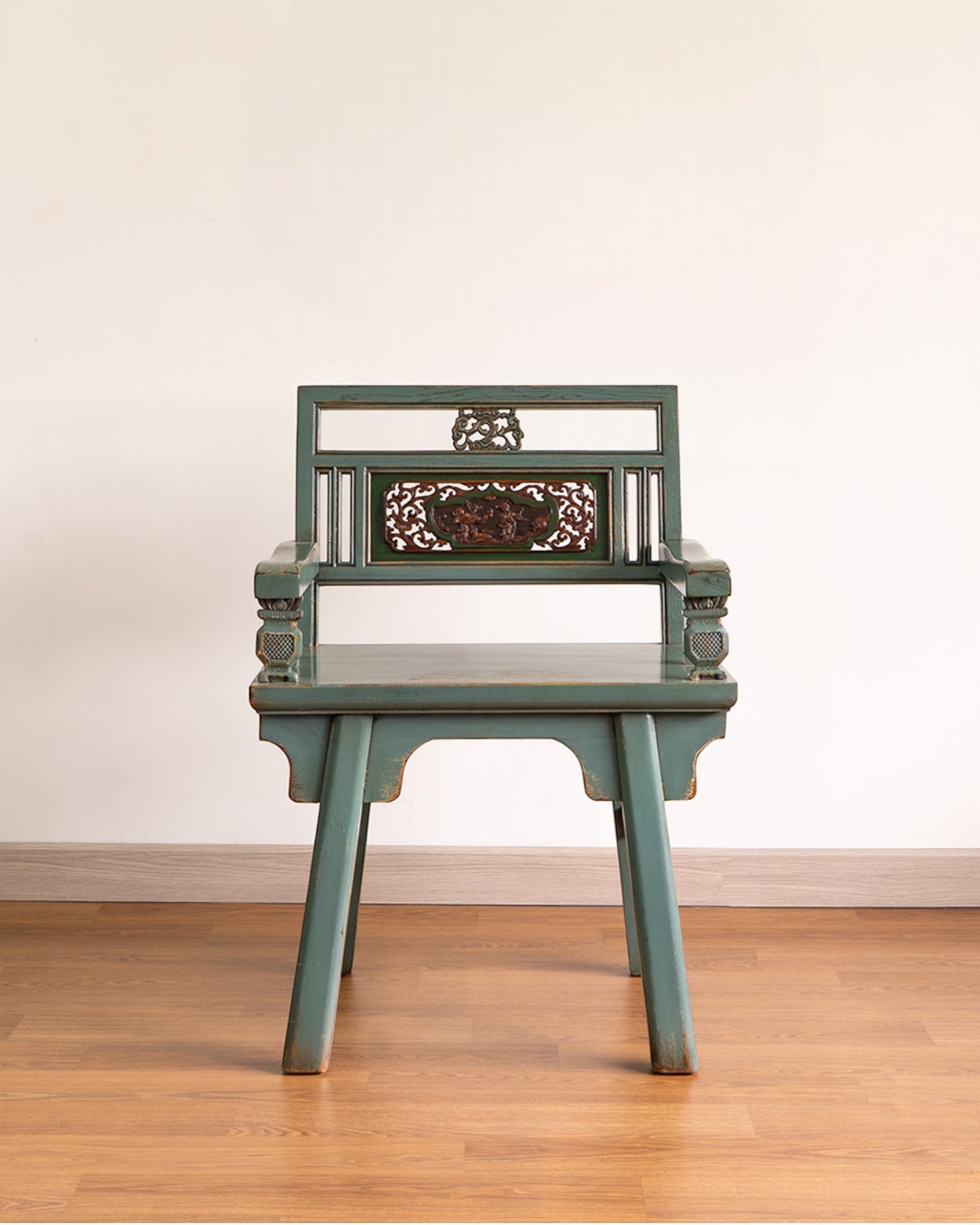 One Seated Hand-Painted Elm Bench with Antique Carved Window Back