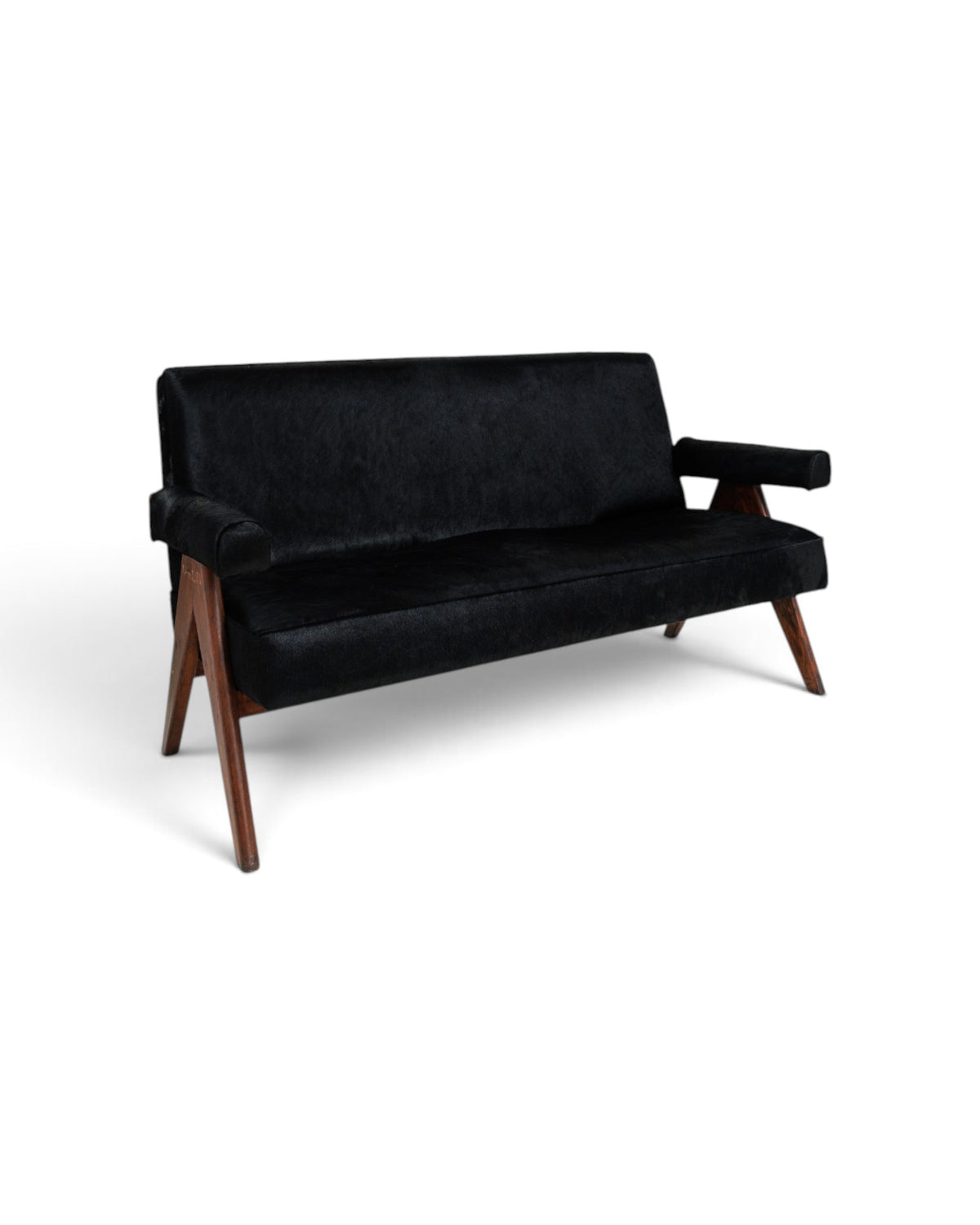 Pierre Jeanneret V-Leg Sofa Set with 2 Armchairs in Black Hide