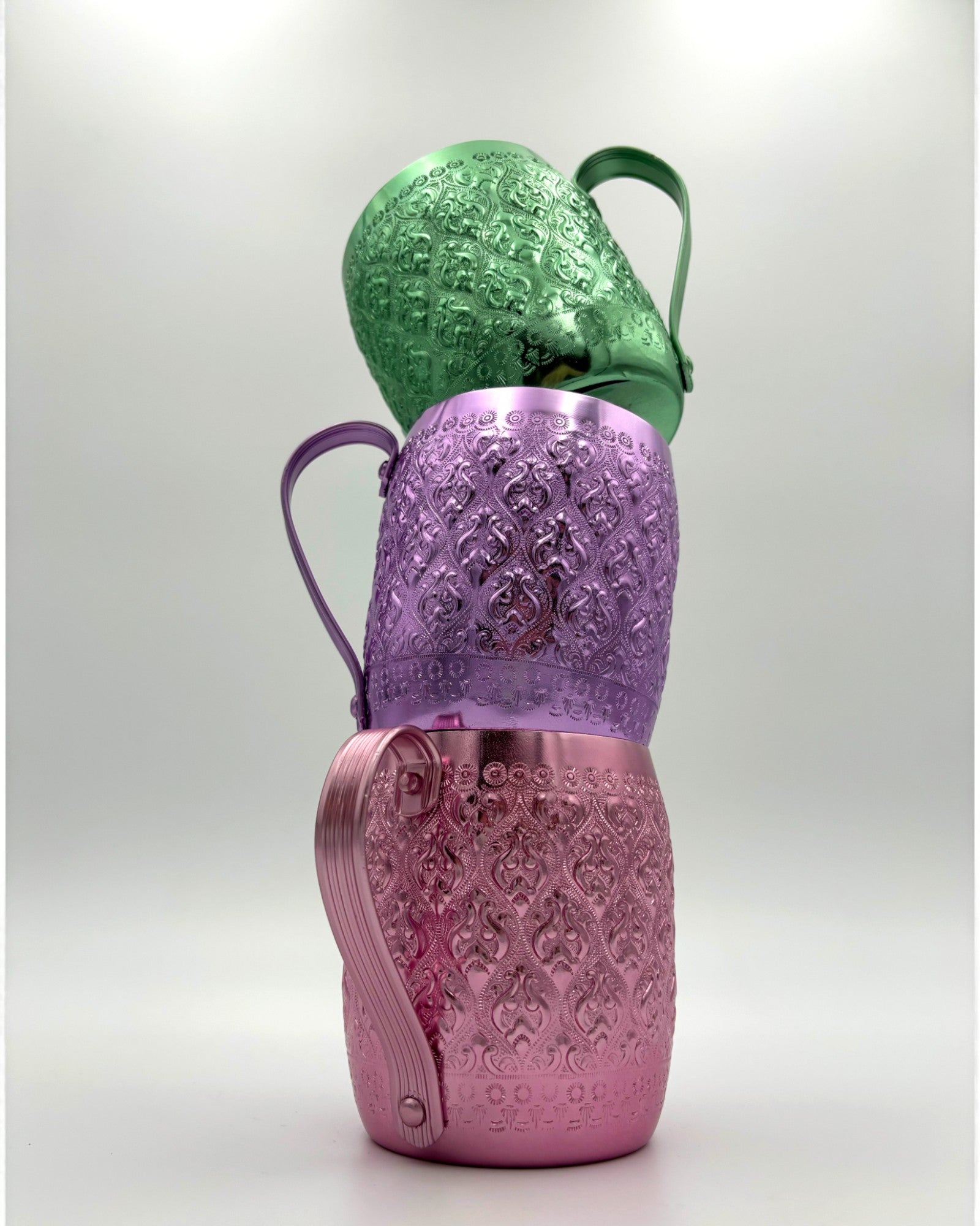 Pastel Embossed Thai-Patterned Aluminium Mugs 9 cm - Set of 3