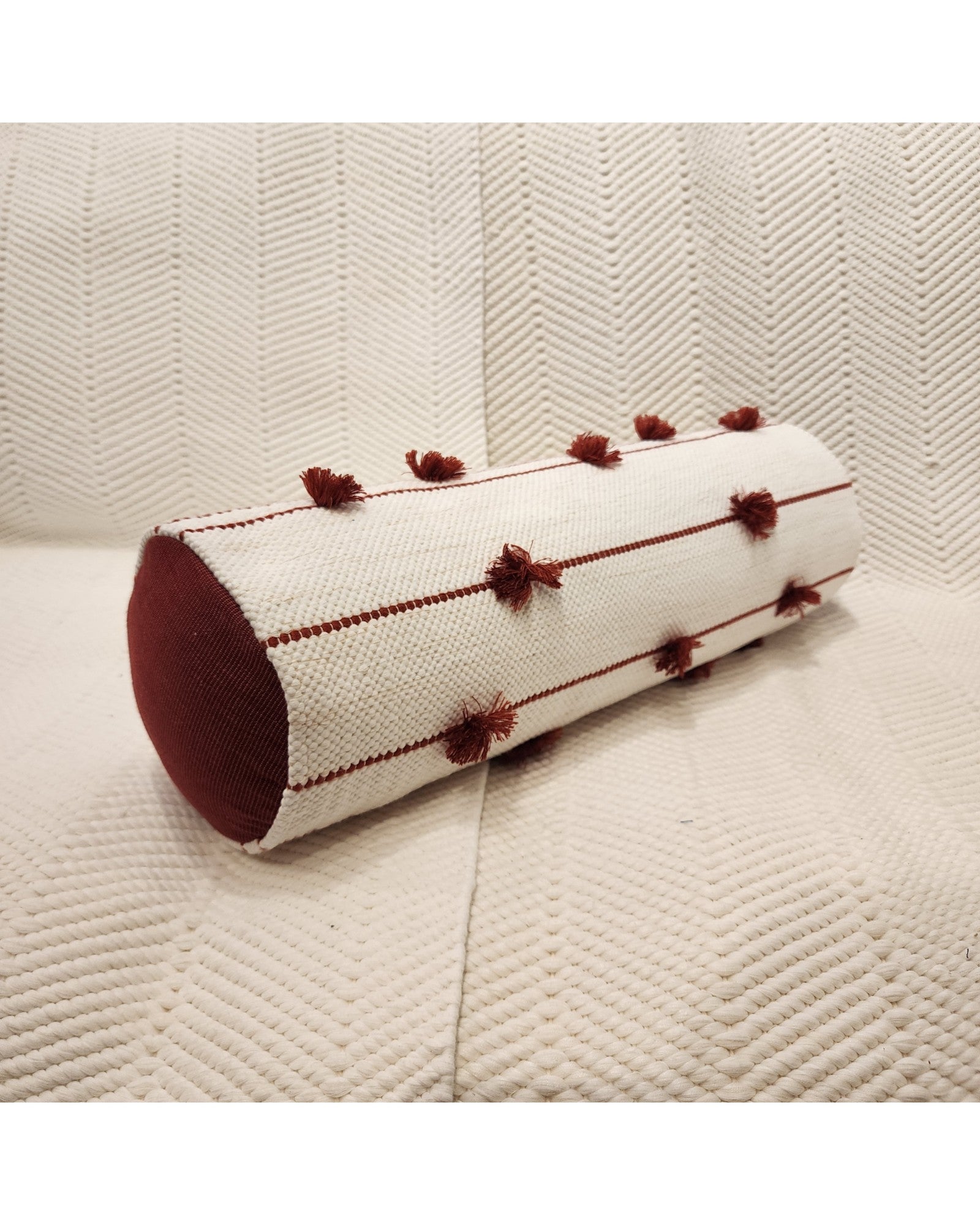 Cylindral Bolster Pillow - White and Maroon