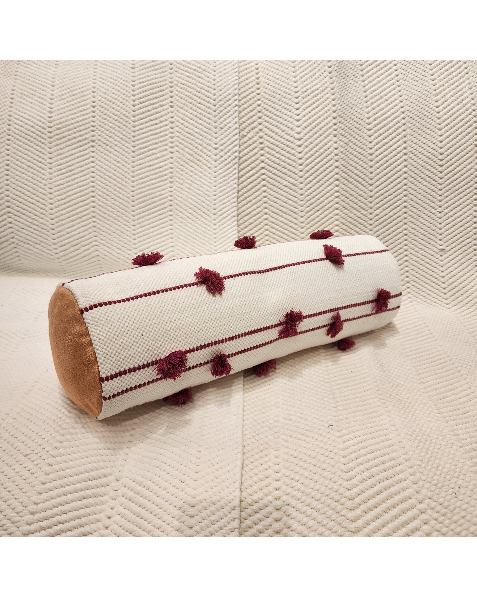 Cylindral Bolster Pillow - White and Maroon