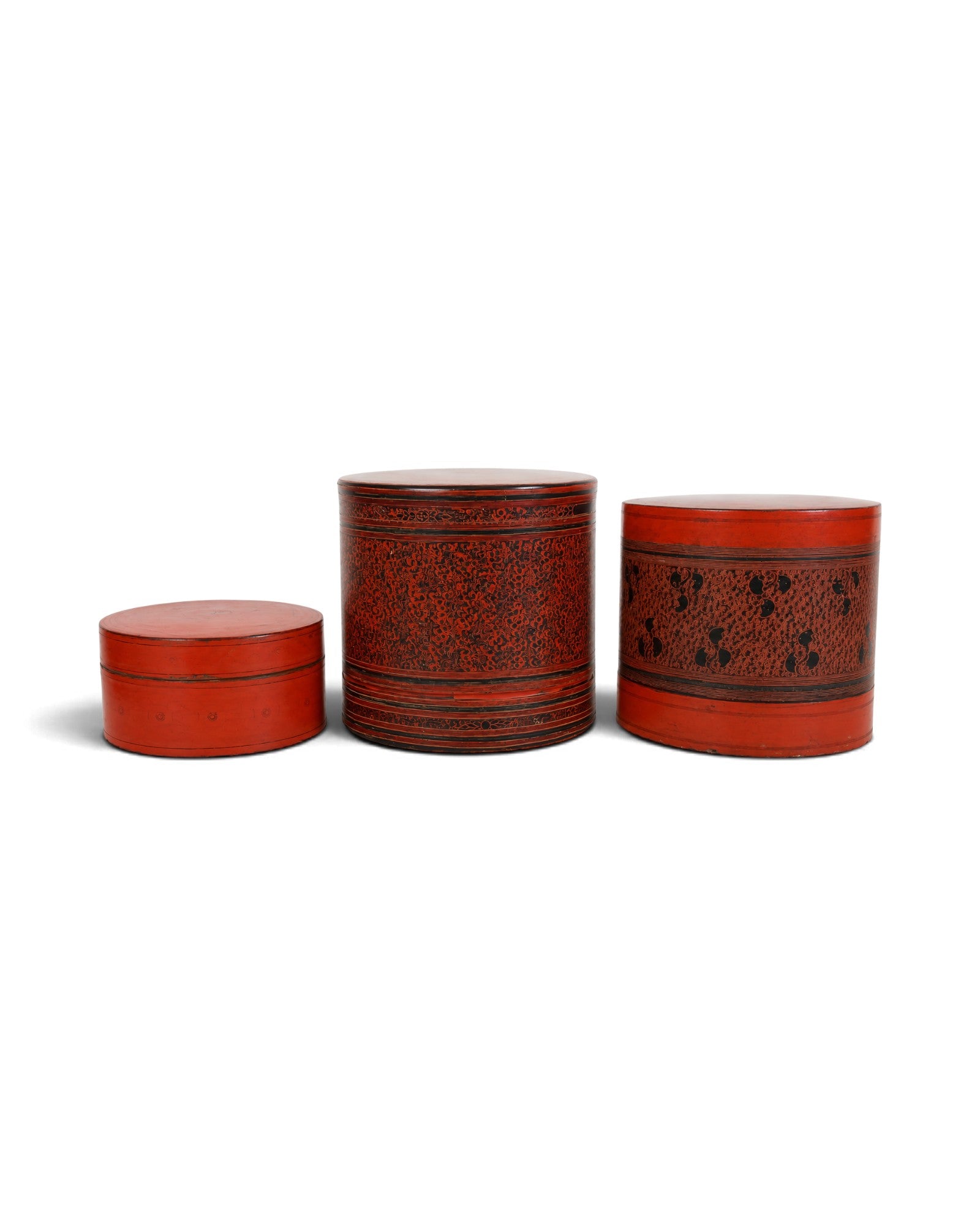Burmese Antique Lacquer Cylindrical Boxes Set o f 3