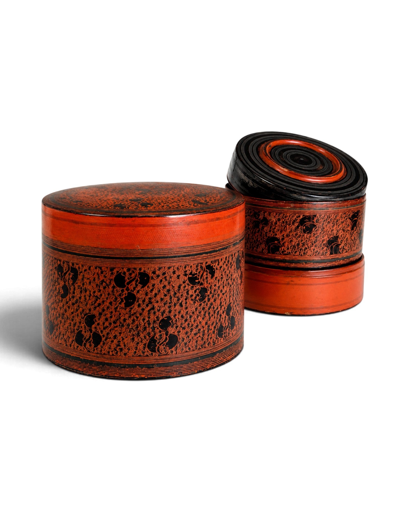 Burmese Antique Lacquer Cylindrical Boxes Set o f 3