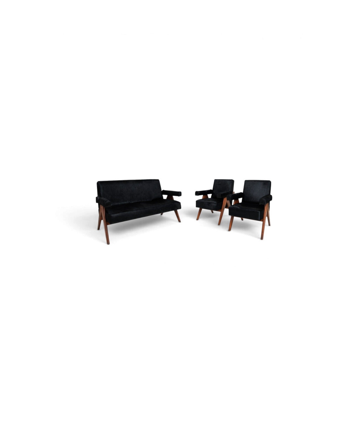 Pierre Jeanneret V-Leg Sofa Set with 2 Armchairs in Black Hide - Surround Living - 1