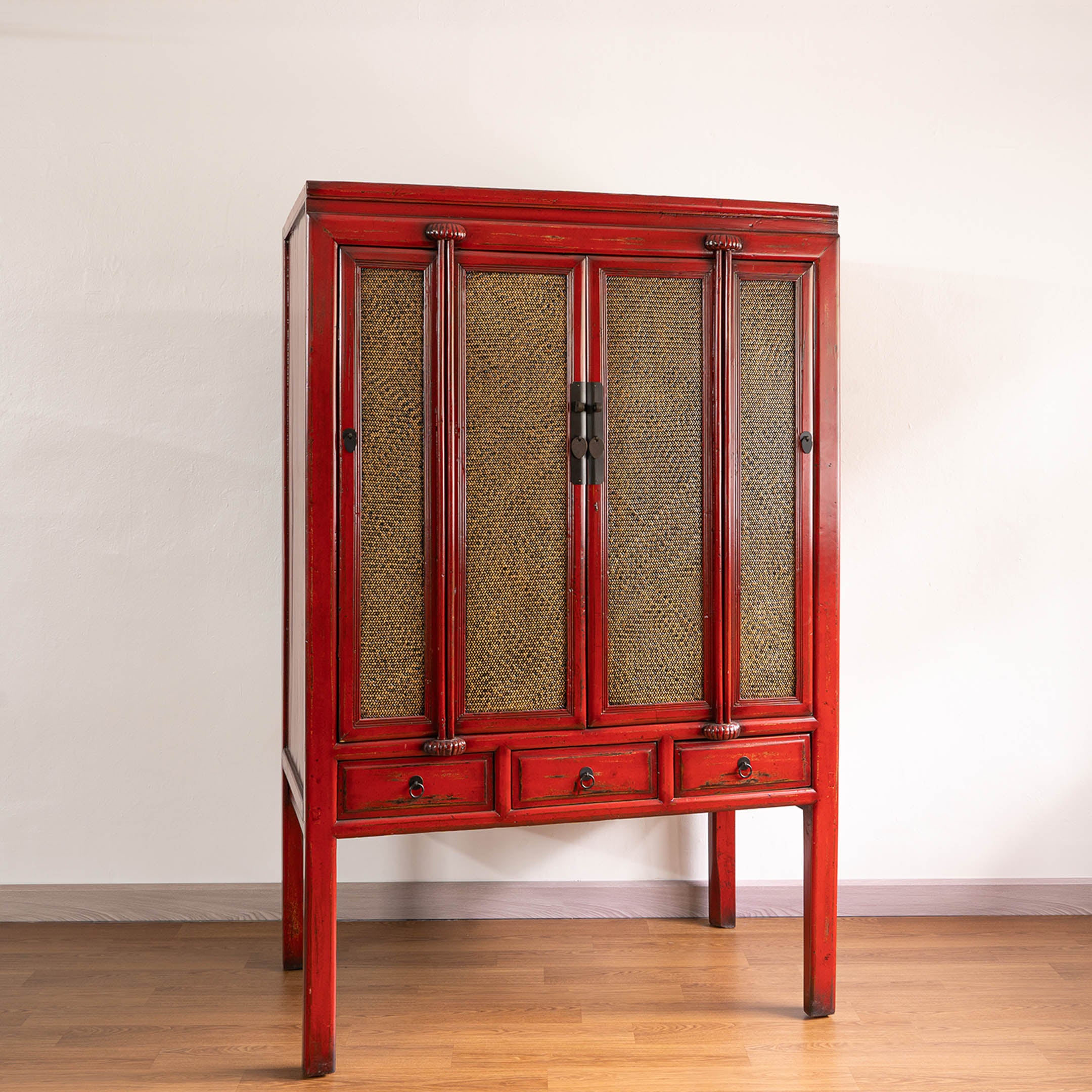 Elegant Antique Chinese Four-Door Rattan Cabinet