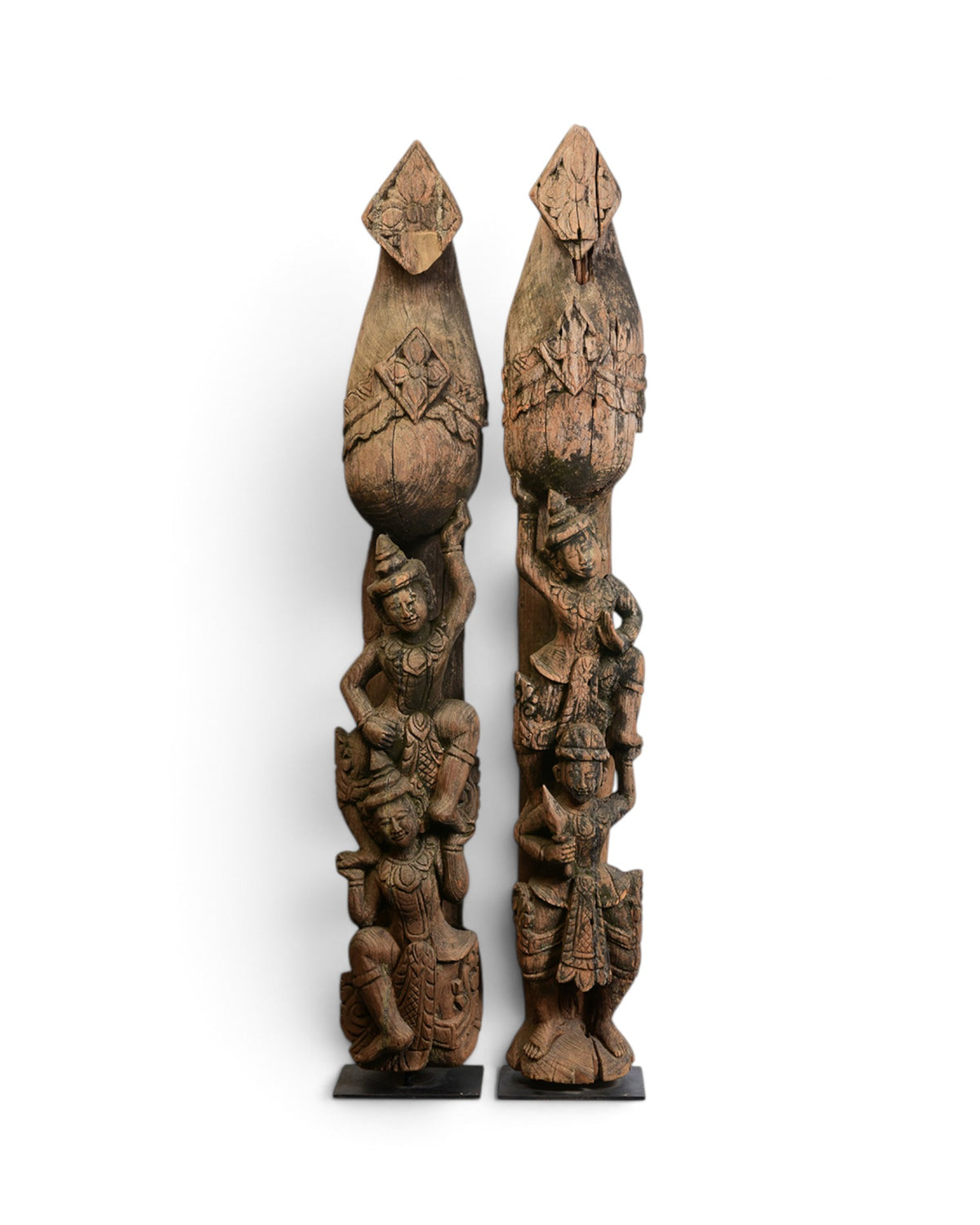 A Pair of Burmese Wooden Finial (Chofa) with Figures - Set of 2