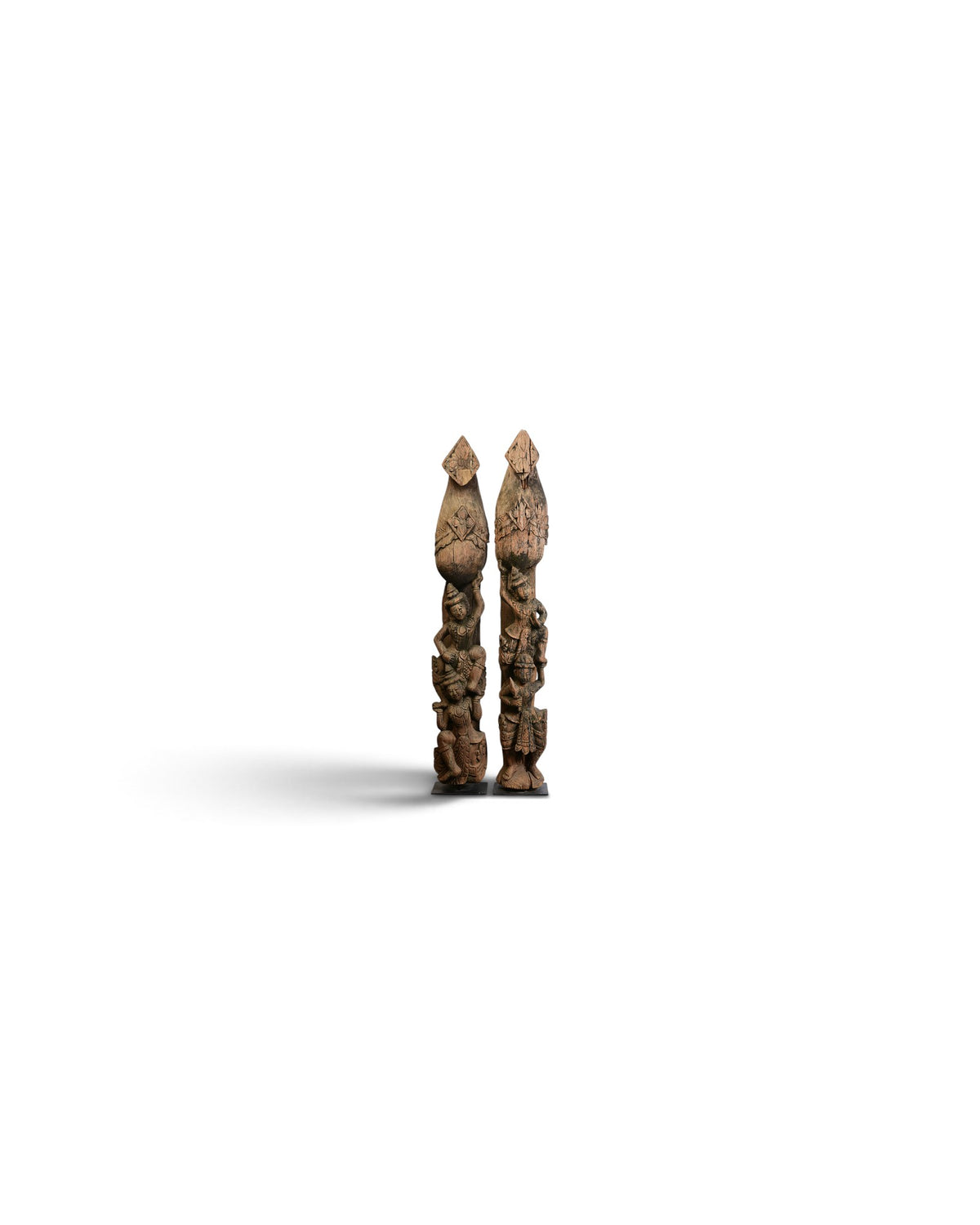 A Pair of Burmese Wooden Finial (Chofa) with Figures - Set of 2