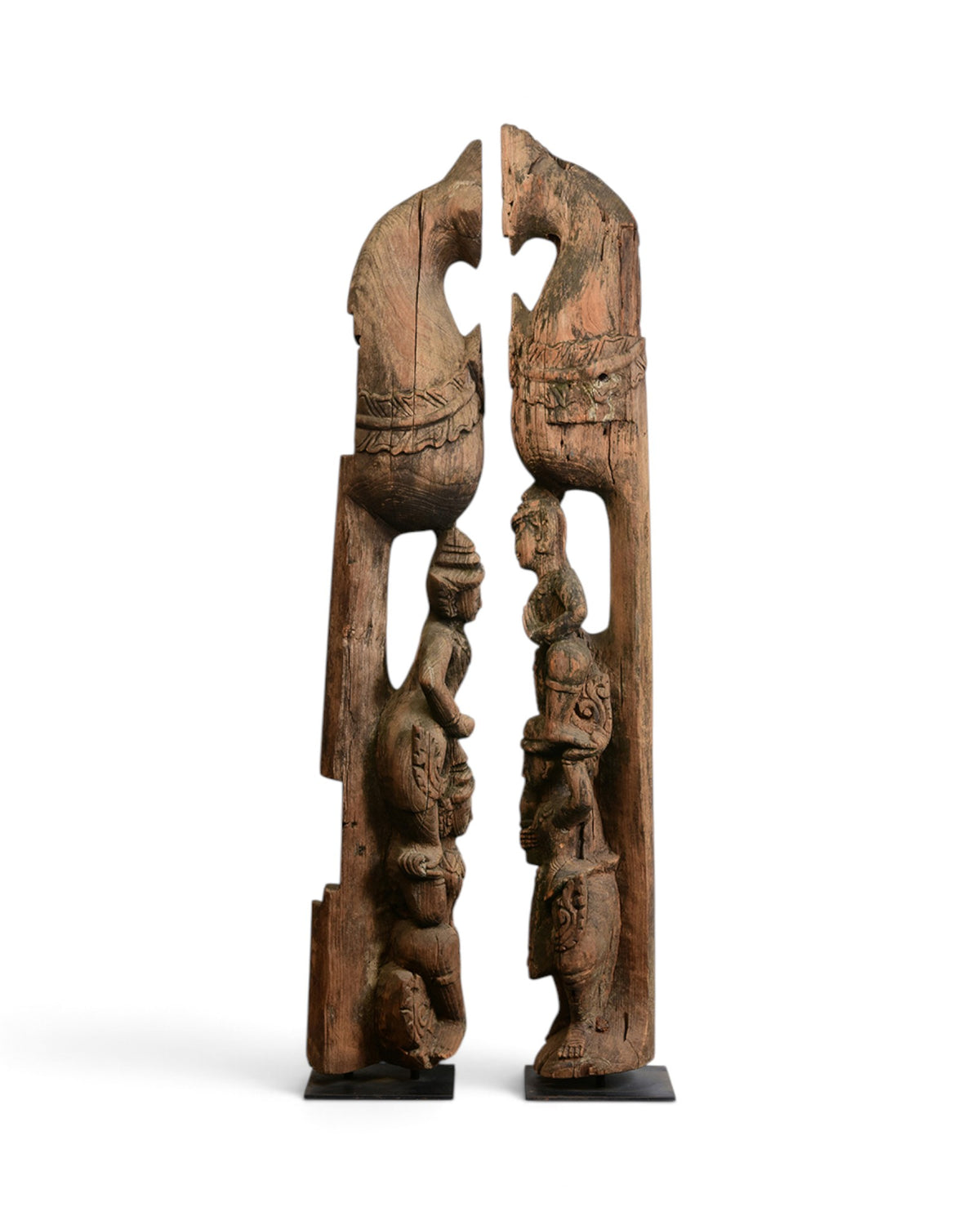 A Pair of Burmese Wooden Finial (Chofa) with Figures - Set of 2
