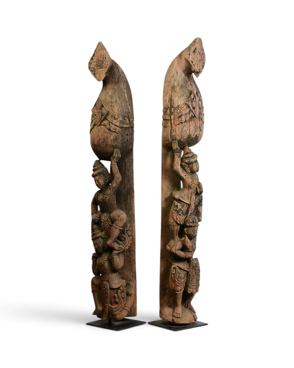 A Pair of Burmese Wooden Finial (Chofa) with Figures - Set of 2