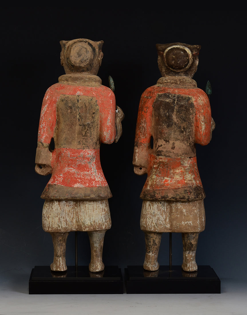 A Pair of Chinese Painted Pottery Warrior Holding Bronze Spear with Oxford TL Test - Set of 2