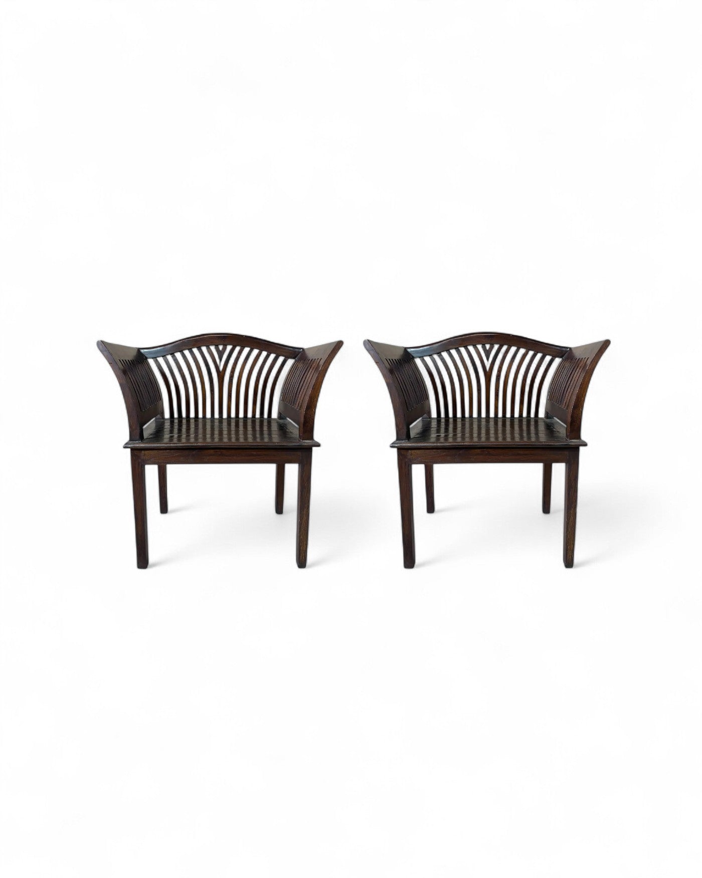 Anglo-Indian Fan Back Armchair in Hand-Carved Teak - Set of 2