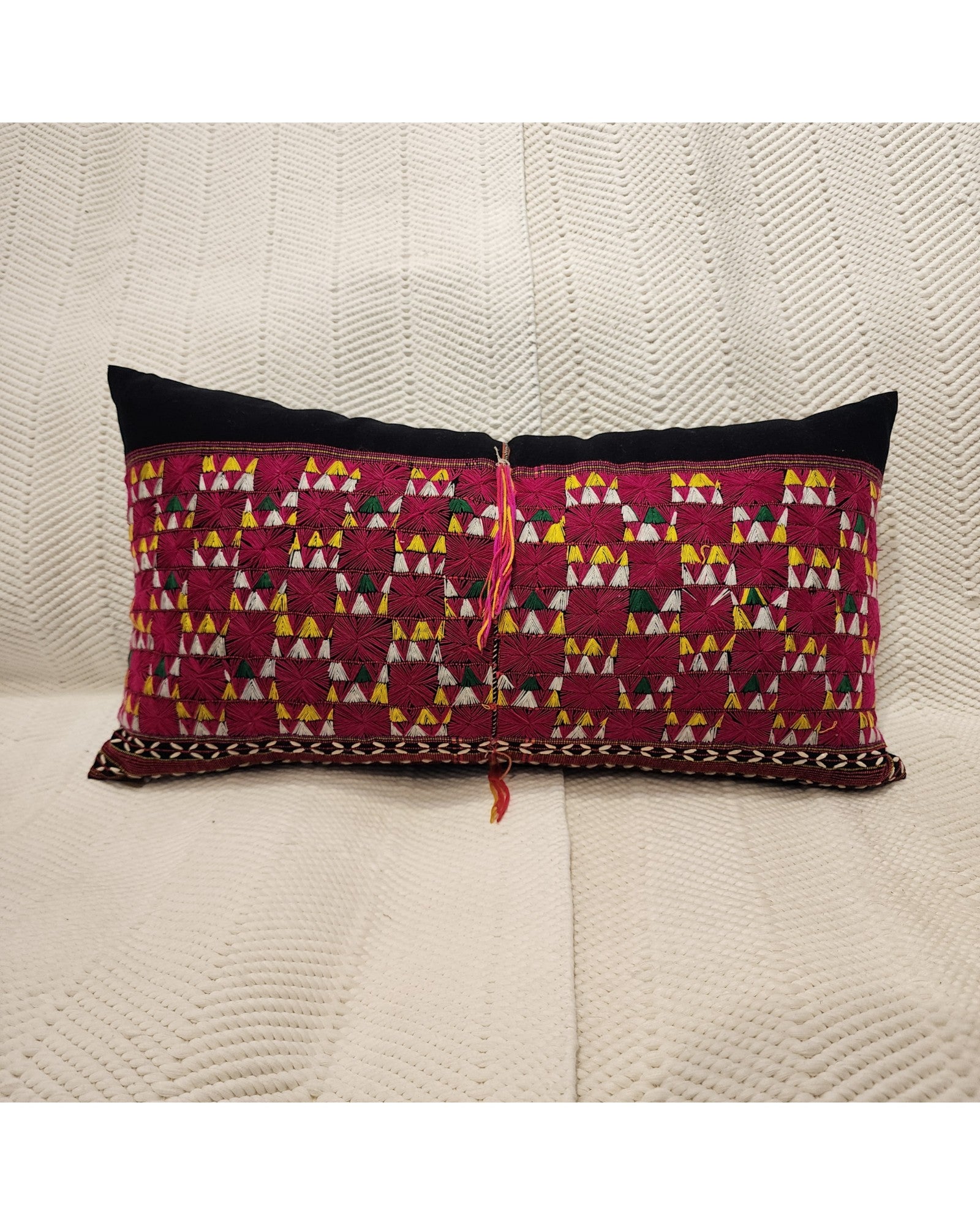 Hilltribe Lumbar Cushion with Beads - Red & Multicoloured