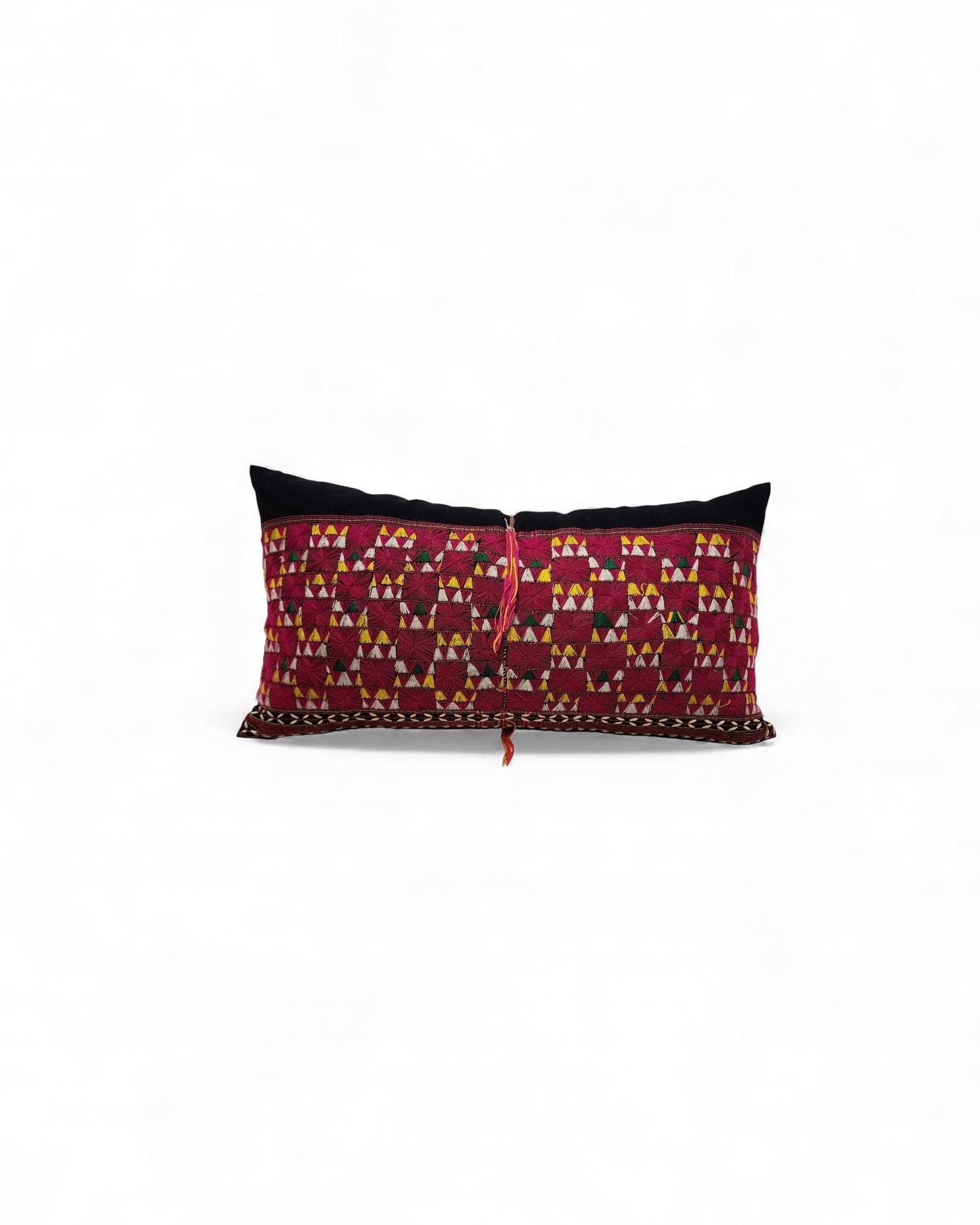Hilltribe Lumbar Cushion with Beads - Red & Multicoloured