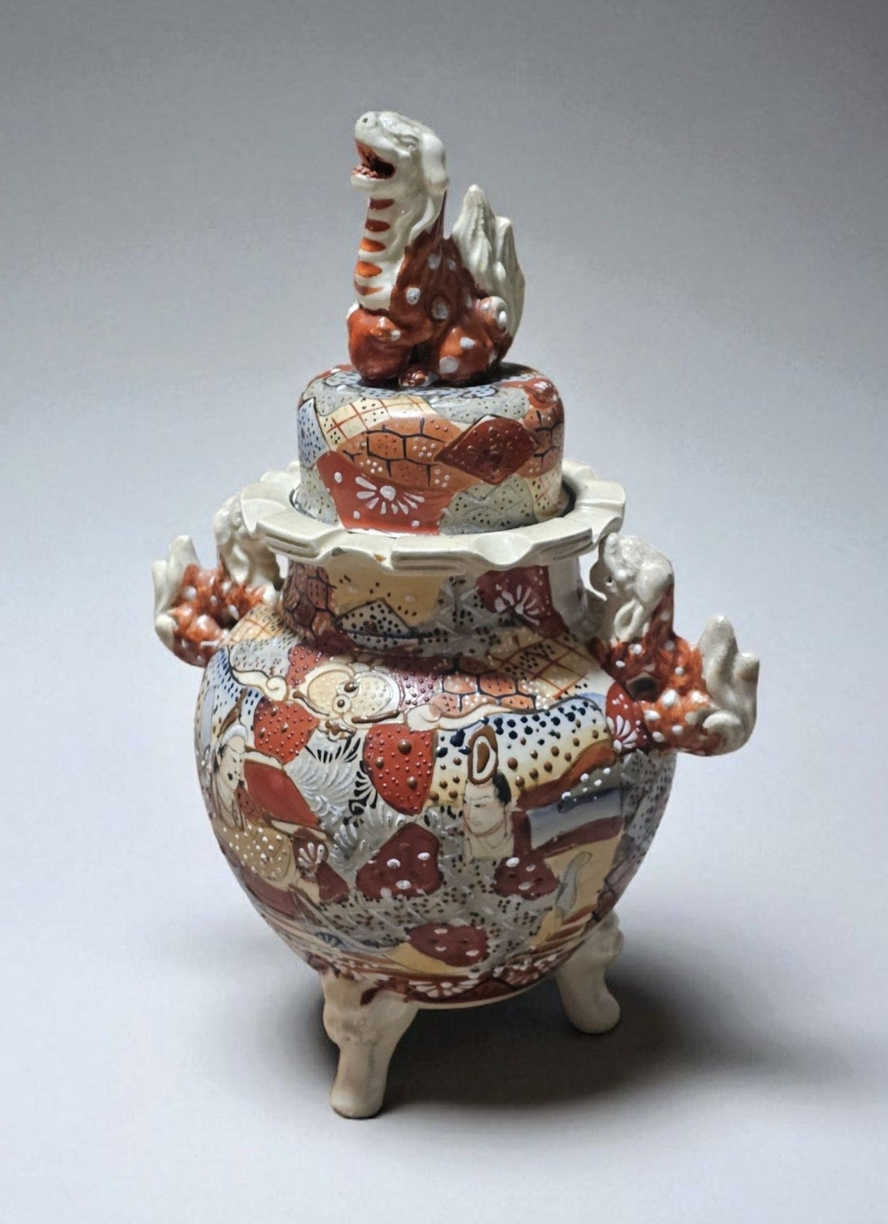 Satsuma Meiji Earthenware Lidded Vase with Foo Dogs
