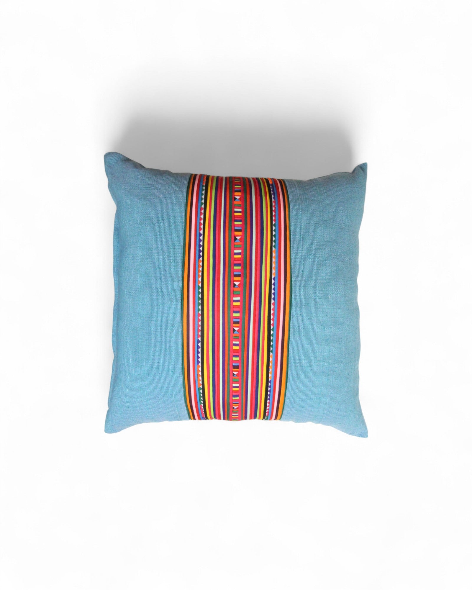 Square Cushion with Handwoven Cotton and Lisu Embroidery - Denim Tone
