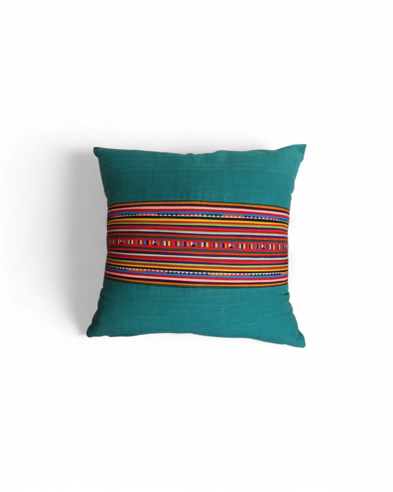Square Cushion with Handwoven Cotton and Lisu Embroidery - Turquoise